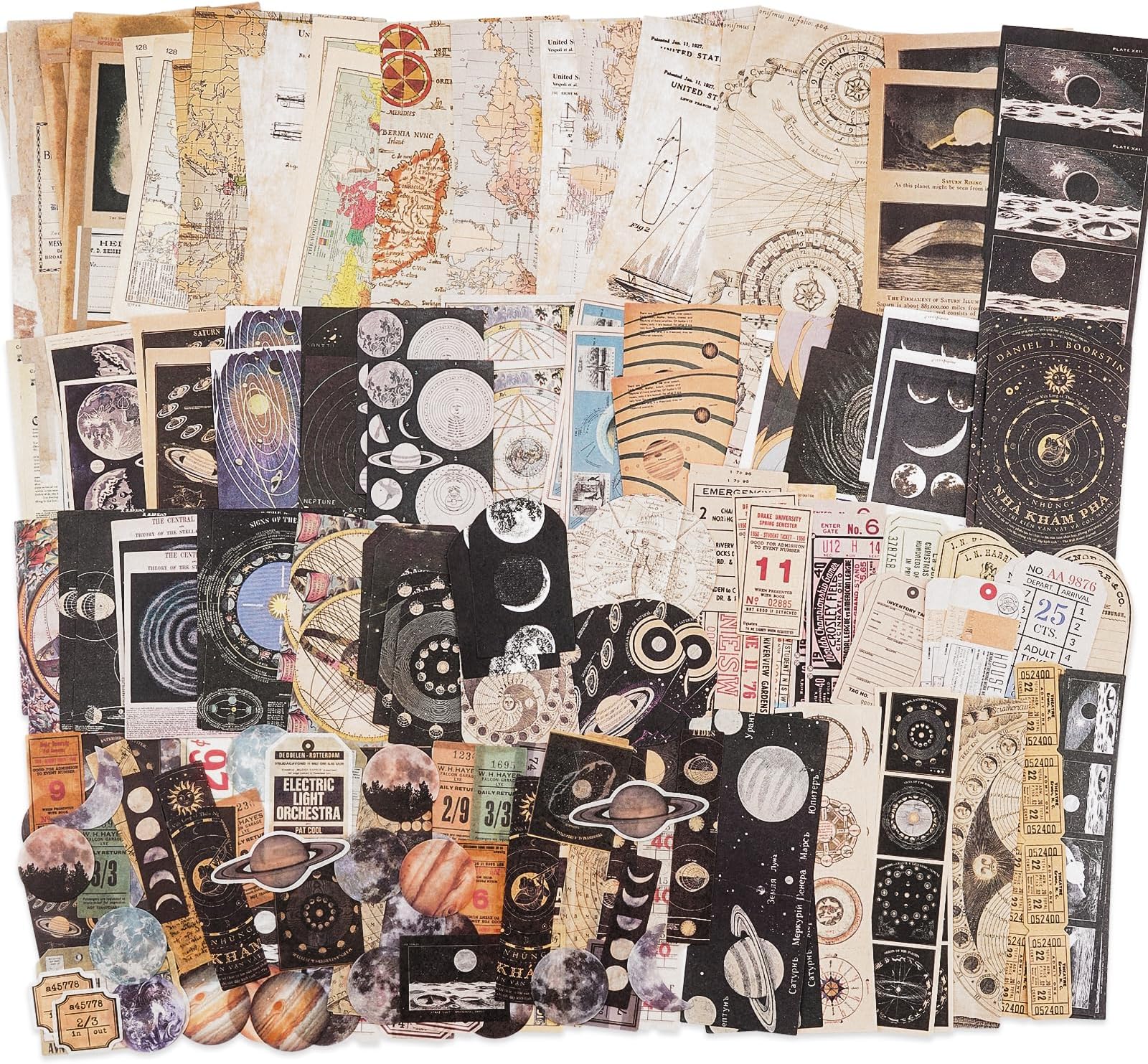 Knaid Vintage Scrapbook Supplies Pack (200 Pieces) for Witchy Junk Journal Bullet Journals Planners Space Moon Paper Stickers Craft Kits Collage (Celestial)