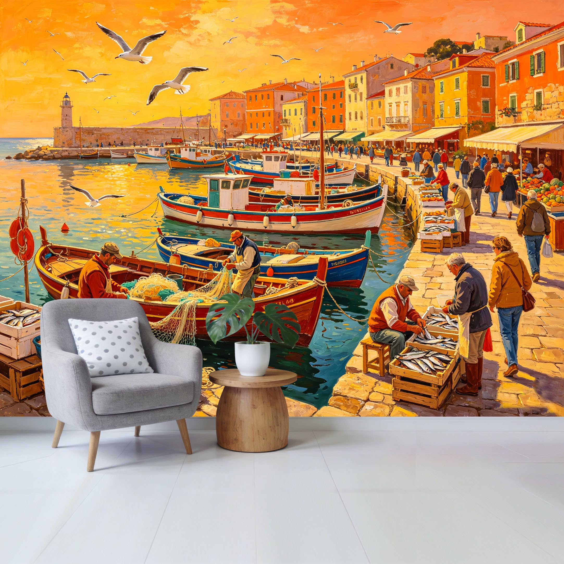 Qzlithotic Yq2605250125 Custom Size Wall Mural Mediterranean Fishing Harbor Landscape Oil Painting Coastal Sunset Scene Selfadhesive Wall Fabric Removable Wallpaper For Home Office Decor