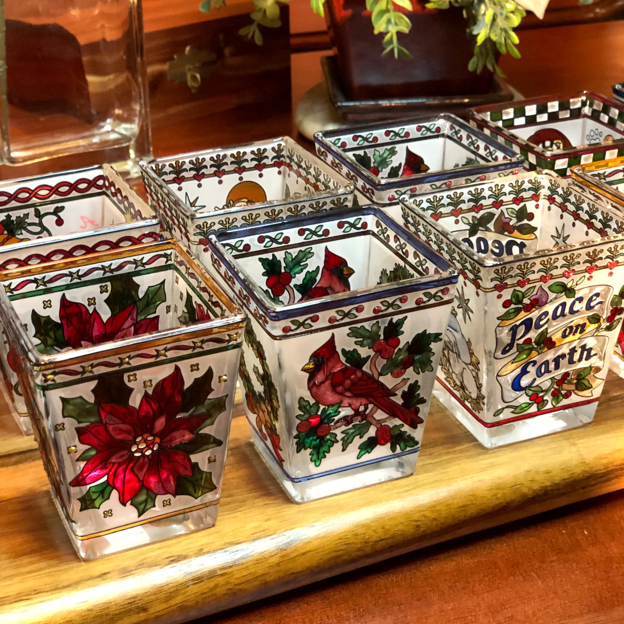 Portavelas de Navidad con vitral – Juego de 20 vasos para velas pintados a mano