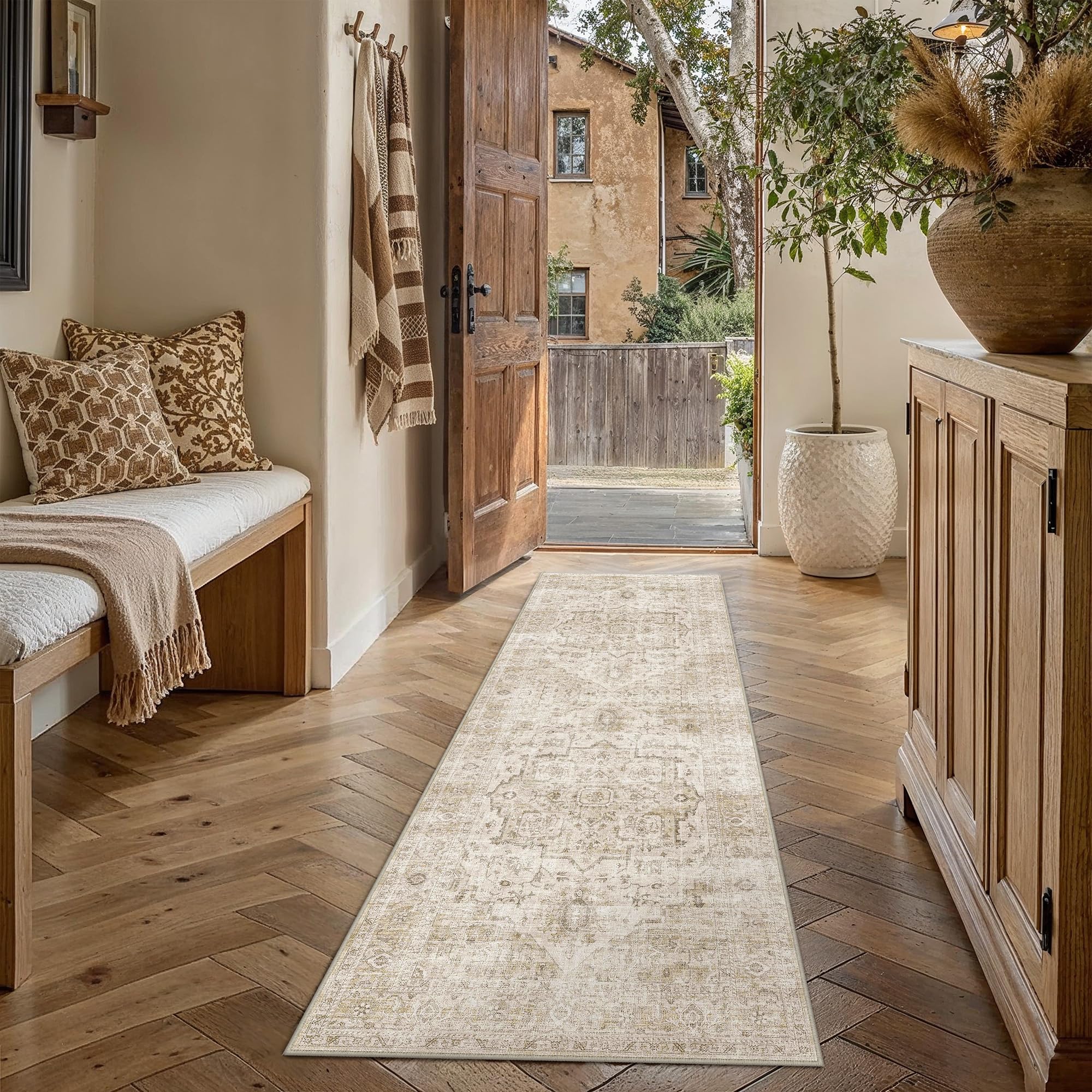 hugear 2x6 runner rug machine washable area rug beige room decor distressed vintage hallway rugs low pile carpet non slip rugs for kitchen laundry living soft lightweight