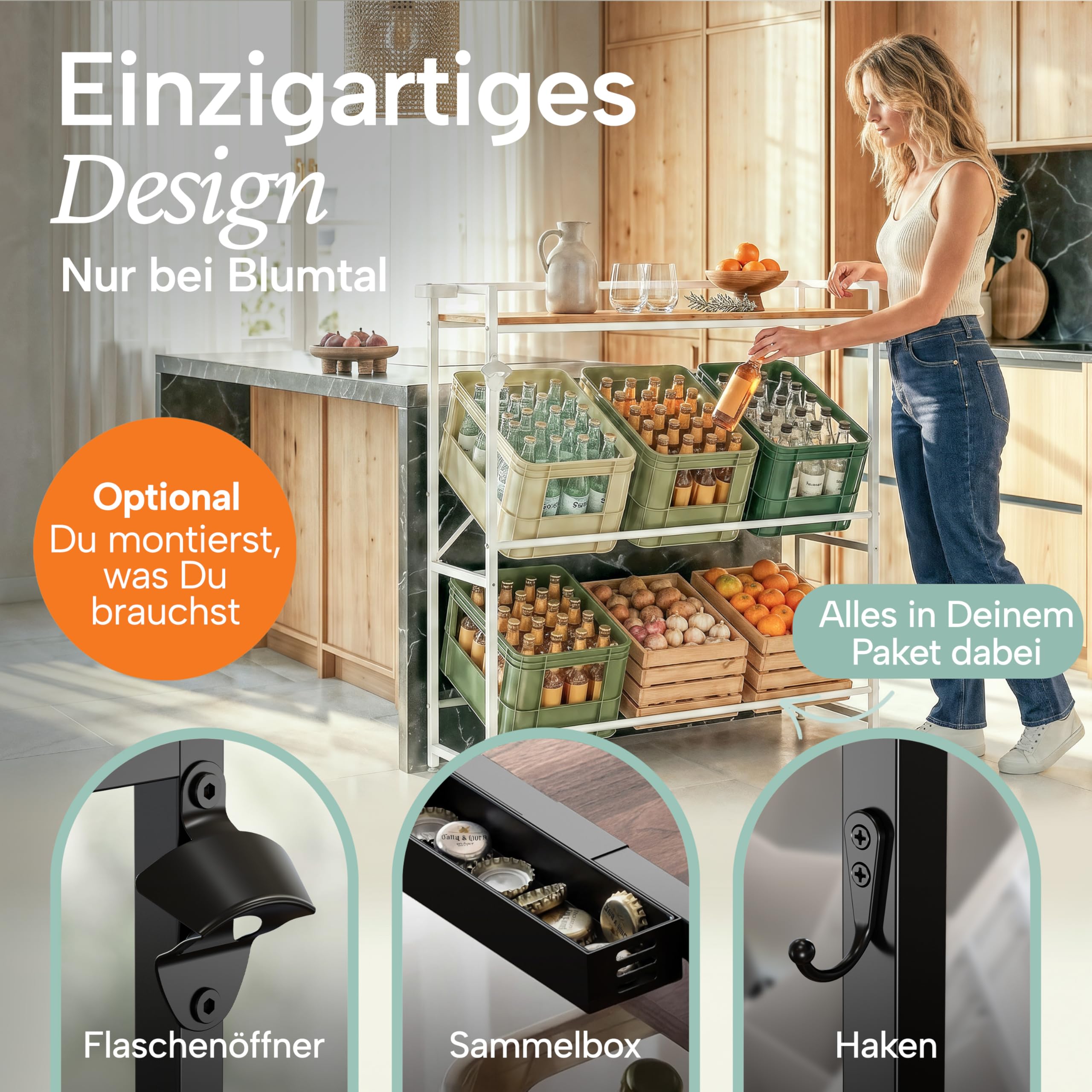 Blumtal Getränkekistenregal 6 Kisten mit Ablage Holzoptik - Kistenregal/Getränkeregal + integriertem Flaschenöffner & Haken - Getränkekistenhalter mit Belastbarkeit bis 150 kg pro Ebene in Weiß