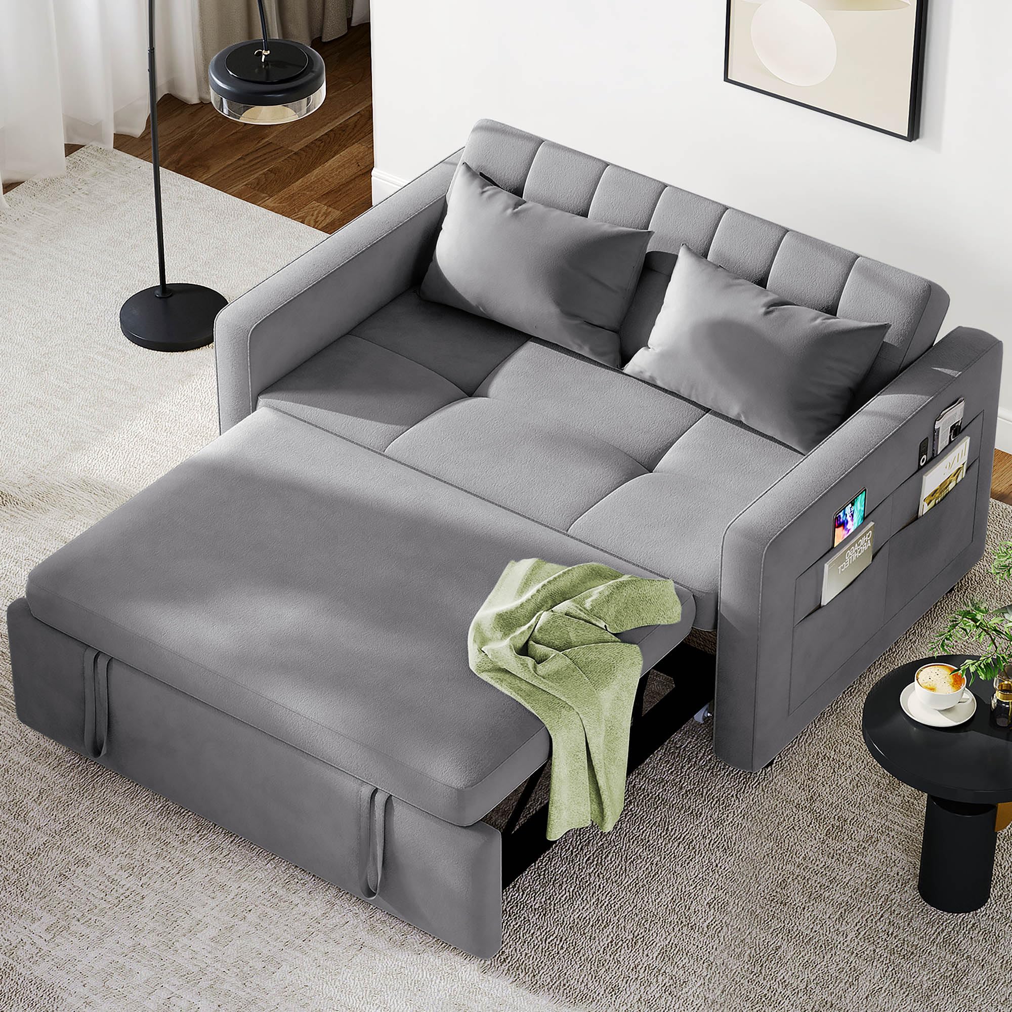 YITAHOME 55" Convertible Sofa Bed, 3-in-1 Sleeper Sofa with Pull-Out Bed, Cat-Scratch-Proof Fabric Futon Couch with Reclining Backrest and Side Pocket, Loveseat for Living Room, Grey, Full Size
