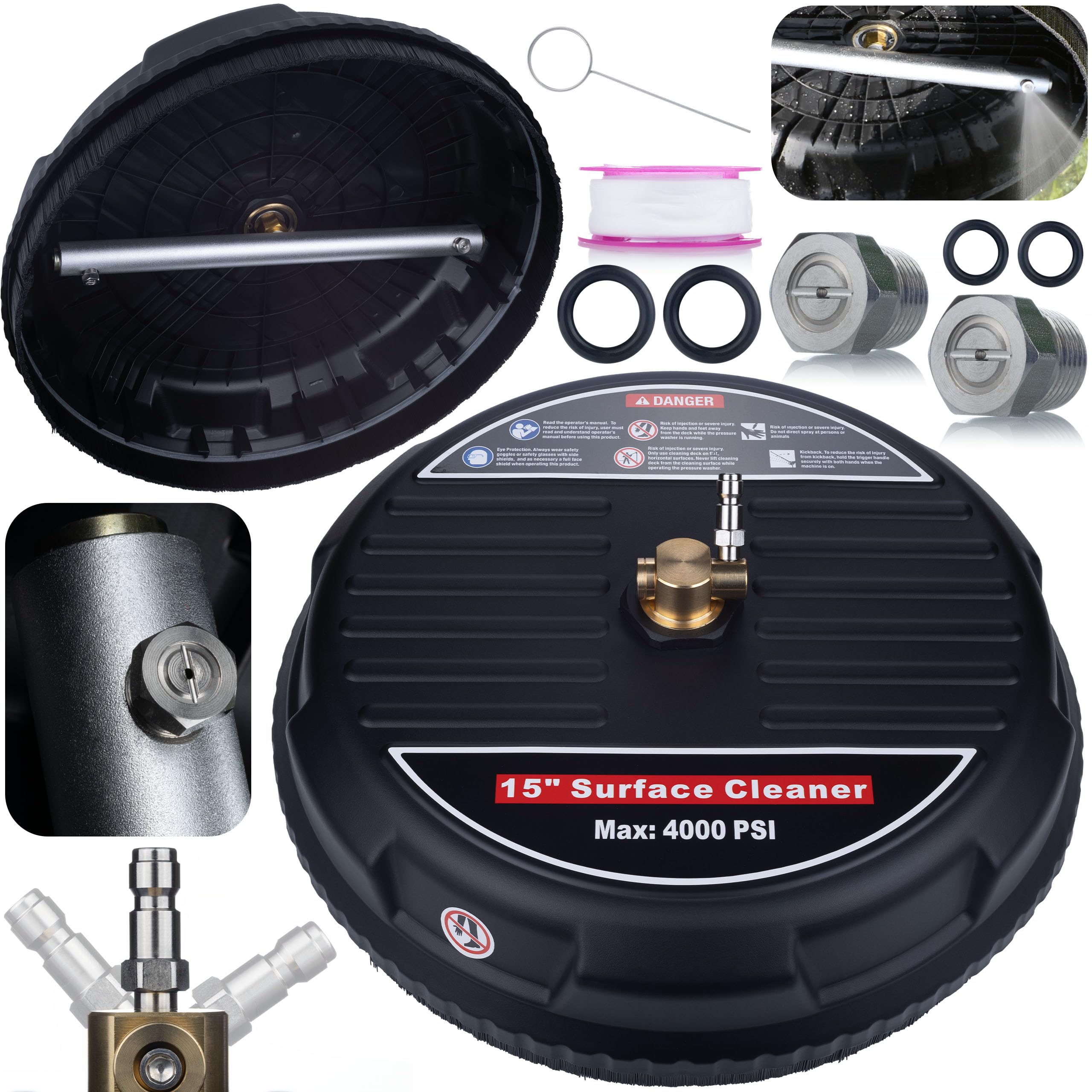Limpiador de superficies T-Racer de 15 pulgadas, cepillo de limpieza de alta presión con acoplamiento rápido de 1/4", boquillas giratorias de acero inoxidable, 450-650 l/h, 160 bar, 60 °C, terrazas