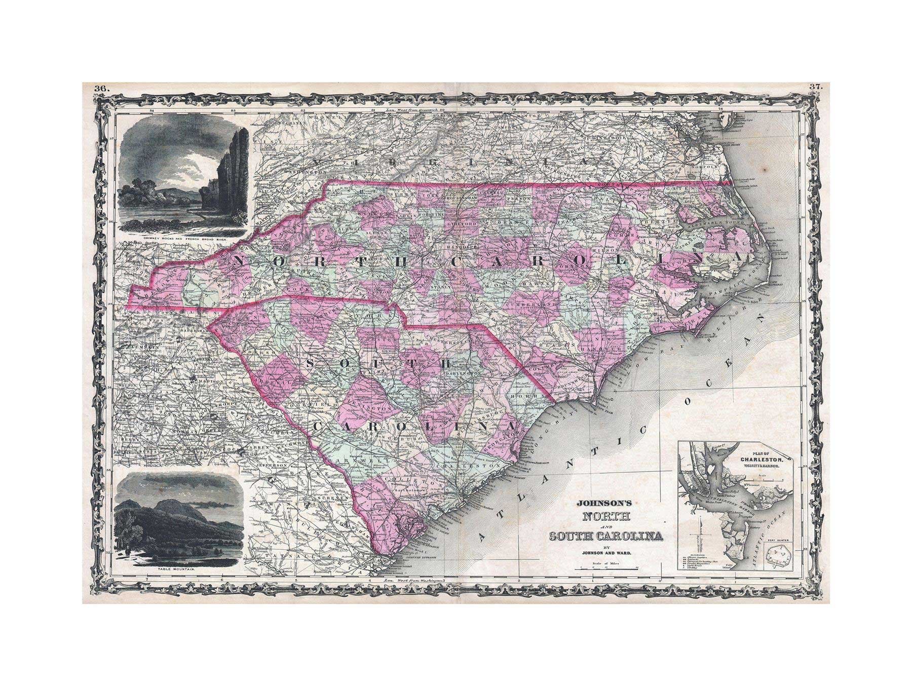 Wee Blue Coo Map Antique Johnson North South Carolina Wall Art Print