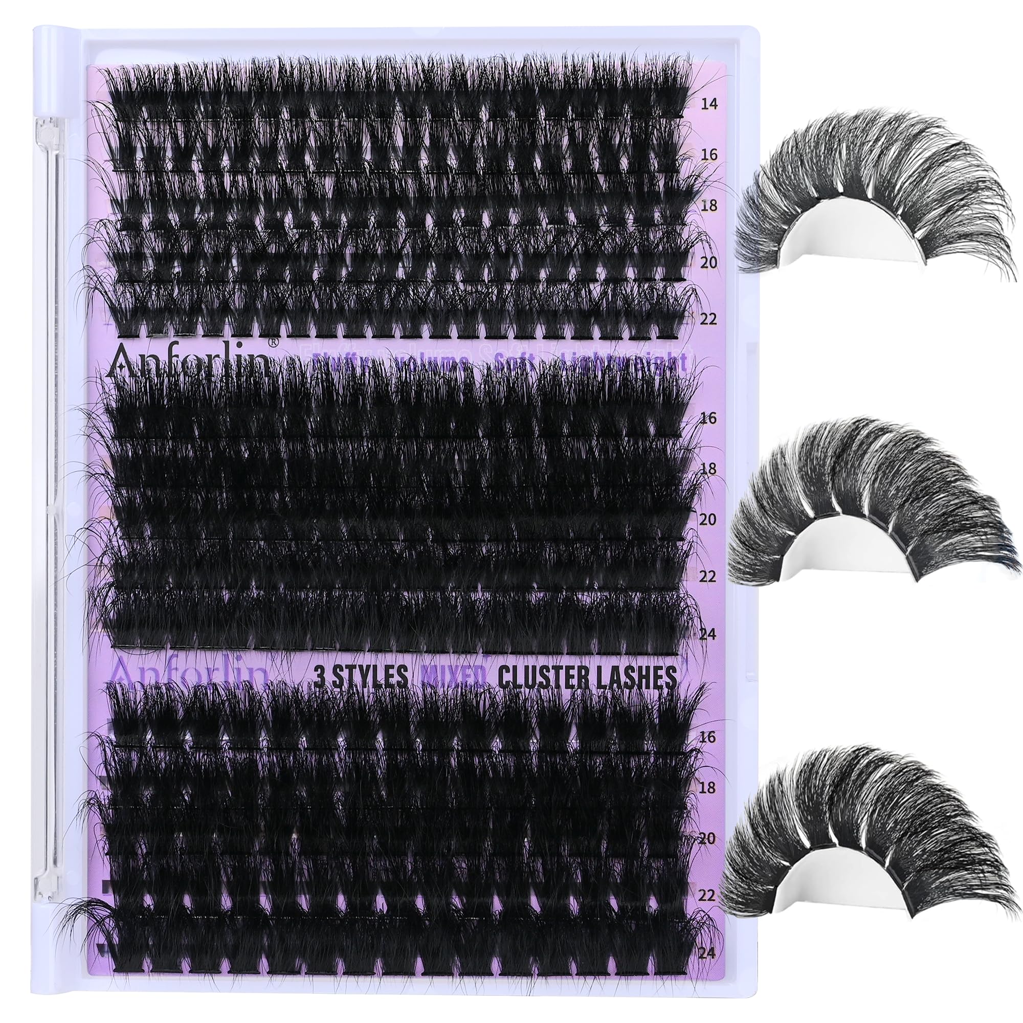Lash Clusters 14-24mm Eyelash Clusters 100D+200D+300D Thick Volume Lash Extension 275pcs Fluffy Eyelash Extensions D Curl DIY Individual 3 Style Cluster Lashes at Home by Anforlin