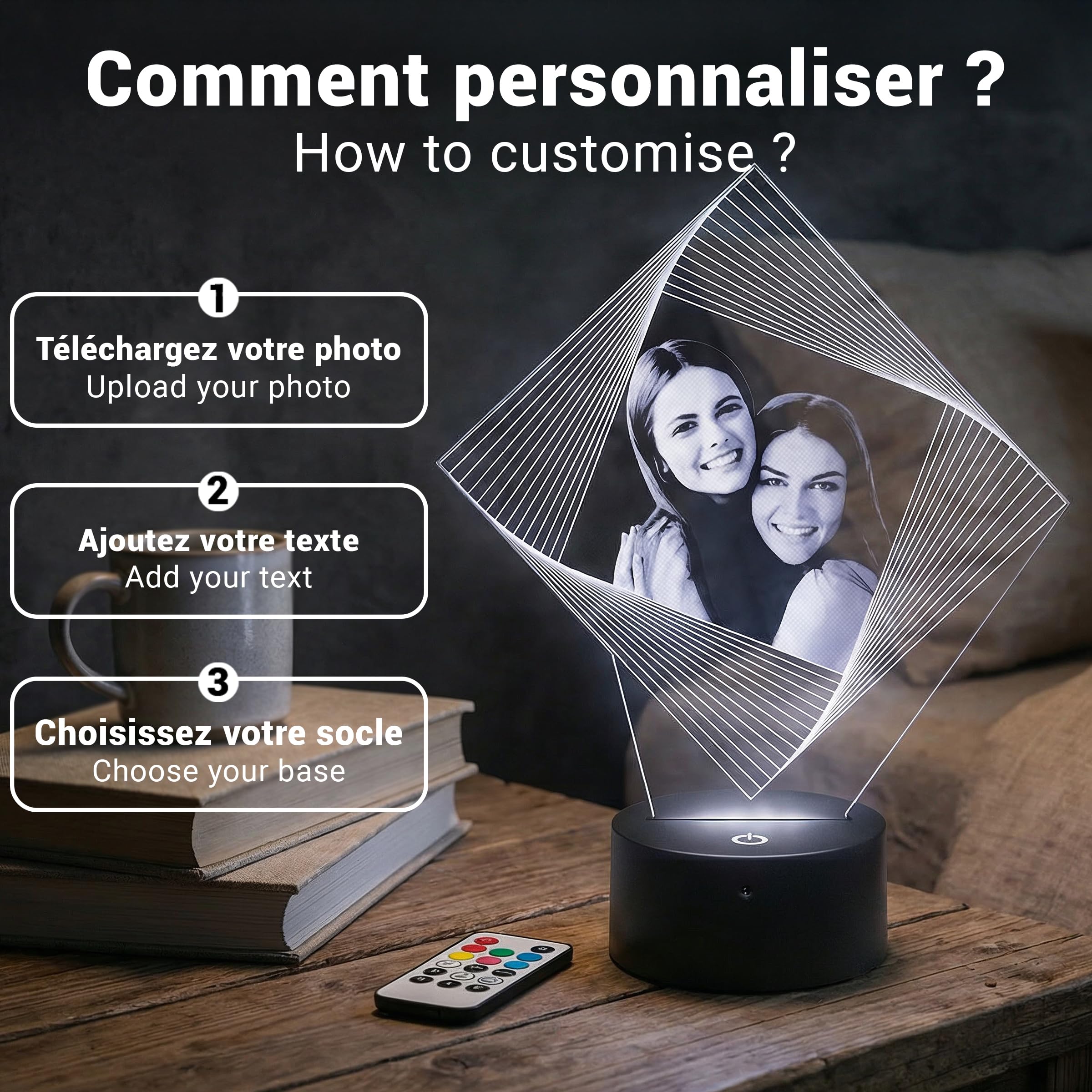 Gepersonaliseerde Fotolamp, 3D lamp door lasergravure op plexiglas, Gepersonaliseerd nachtlampje, Persoonlijk cadeau met foto en tekst, Cadeau-idee voor Kerst, Verjaardag, Moederdag (parallellogram