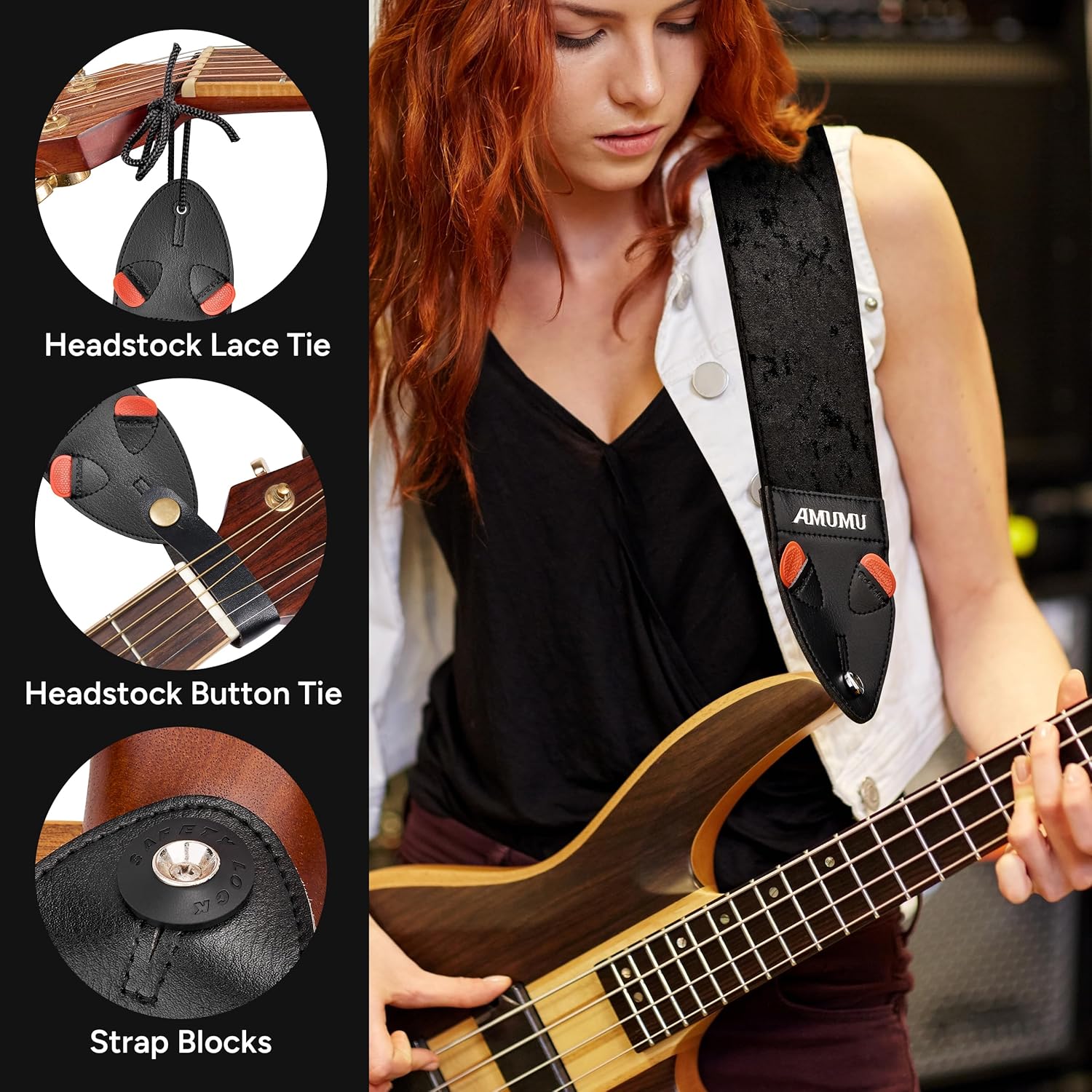 Amumu 3" Flocked Velvet Guitar Strap with Microfiber Leather Ends - Fits Acoustic, Bass and Electric Guitar - Black
