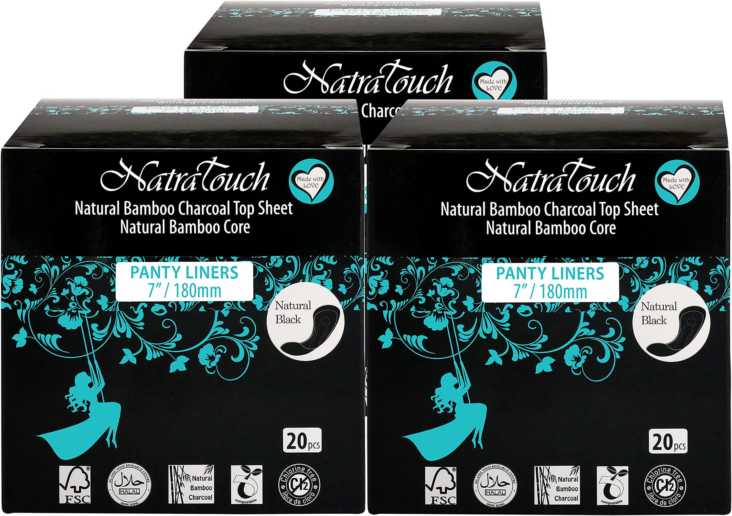 ~ COMPOSTABLE ~ Natural Bamboo Charcoal (PANTYLINER- 3 Pack Total 60 Liners)