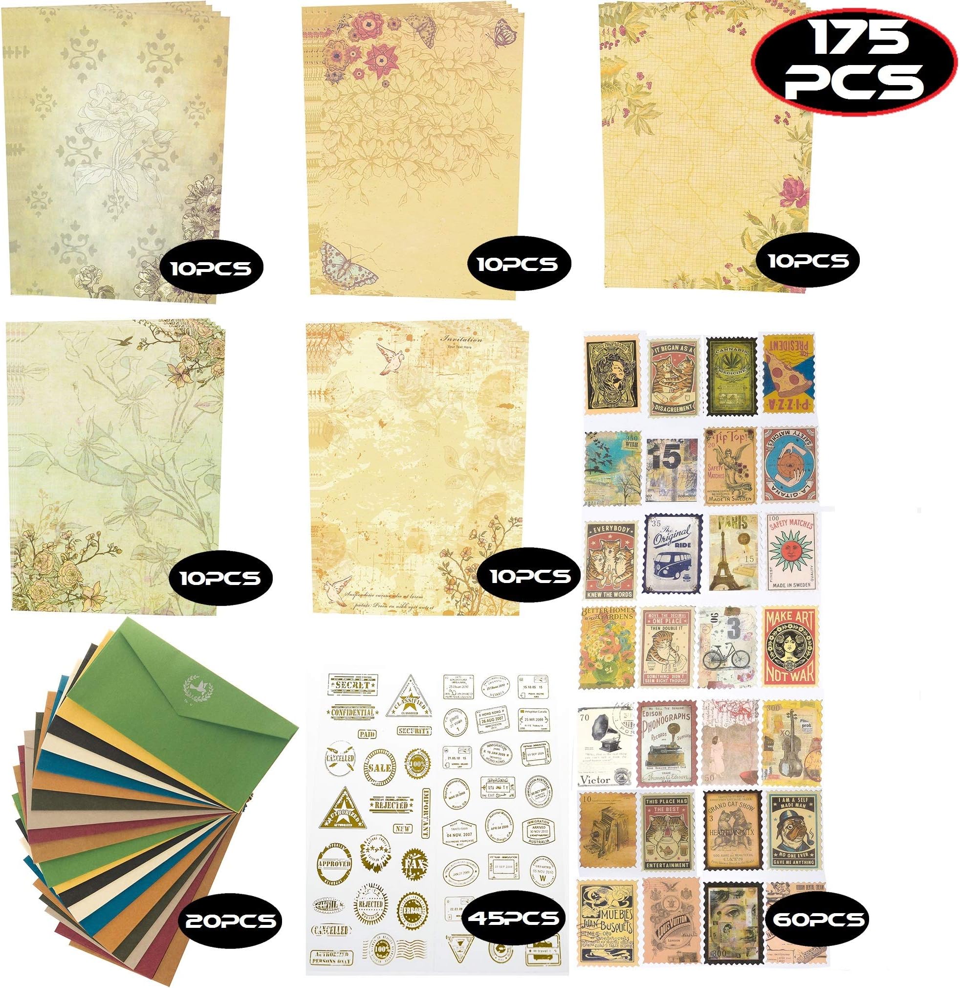YHMY Letter Writing Paper Set 50 PCS Stationary Paper + 20 PCS Envelopes with 60 PCS seal sticker Vintage Western flower design Letter Paper, 175 PCS
