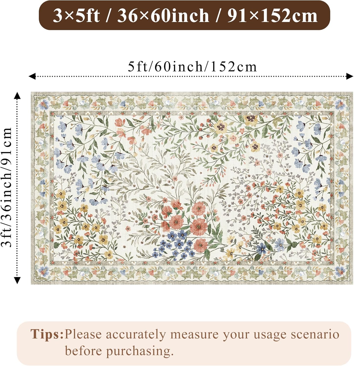 3x5 Washable Entryway Area Rug: Non Slip Floral Washable Entry Rug Living Room Area Rug for Indoor Floor Kitchen Bedroom - Soft Thin Door Mat Carpet Boho Vintage Home Decor (3x5, Beige)