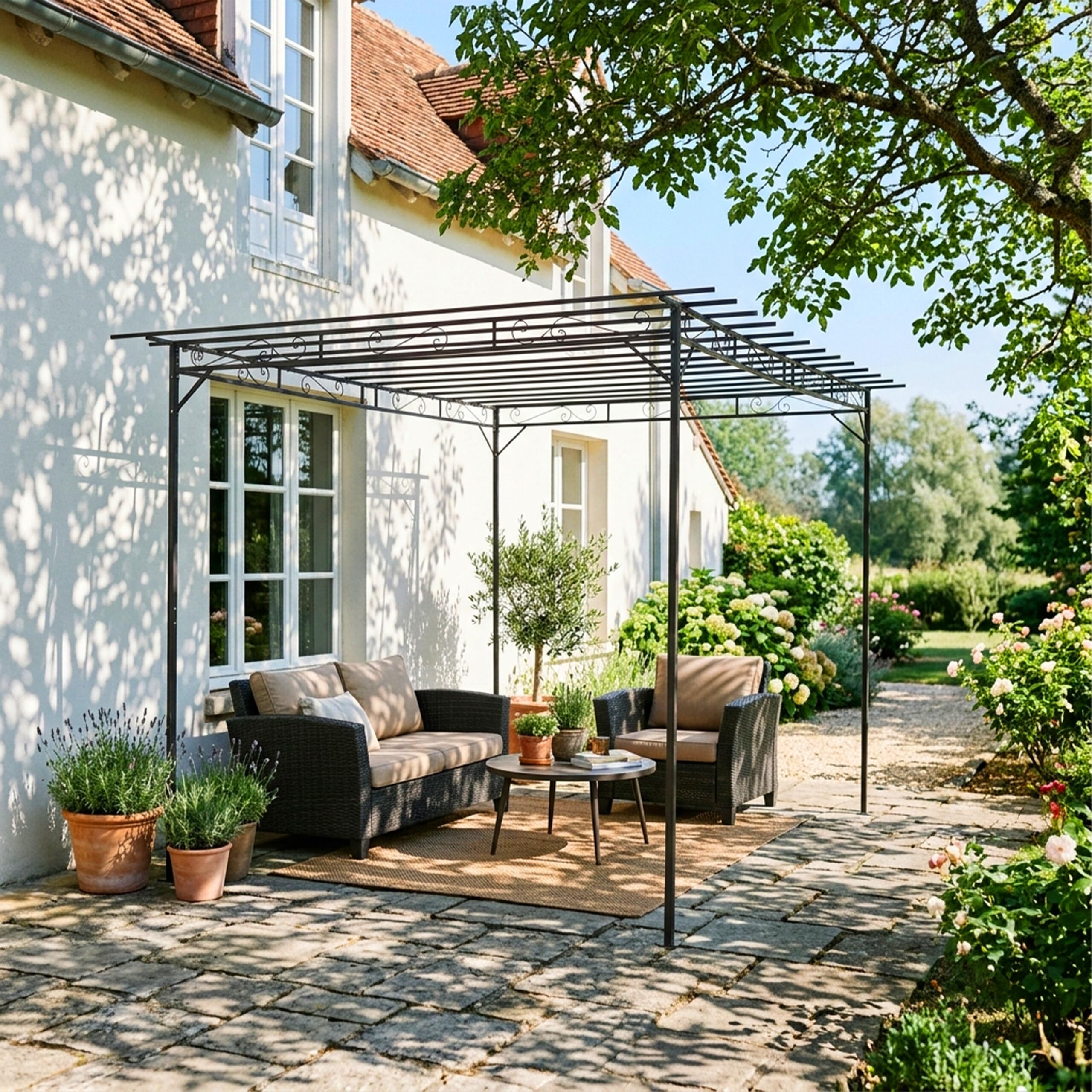 Relaxdays Pergola, Metallo, HxLxP: 215 x 320 x 190 cm, Copertura per terrazza autoportante, Arco per Rose, Nero