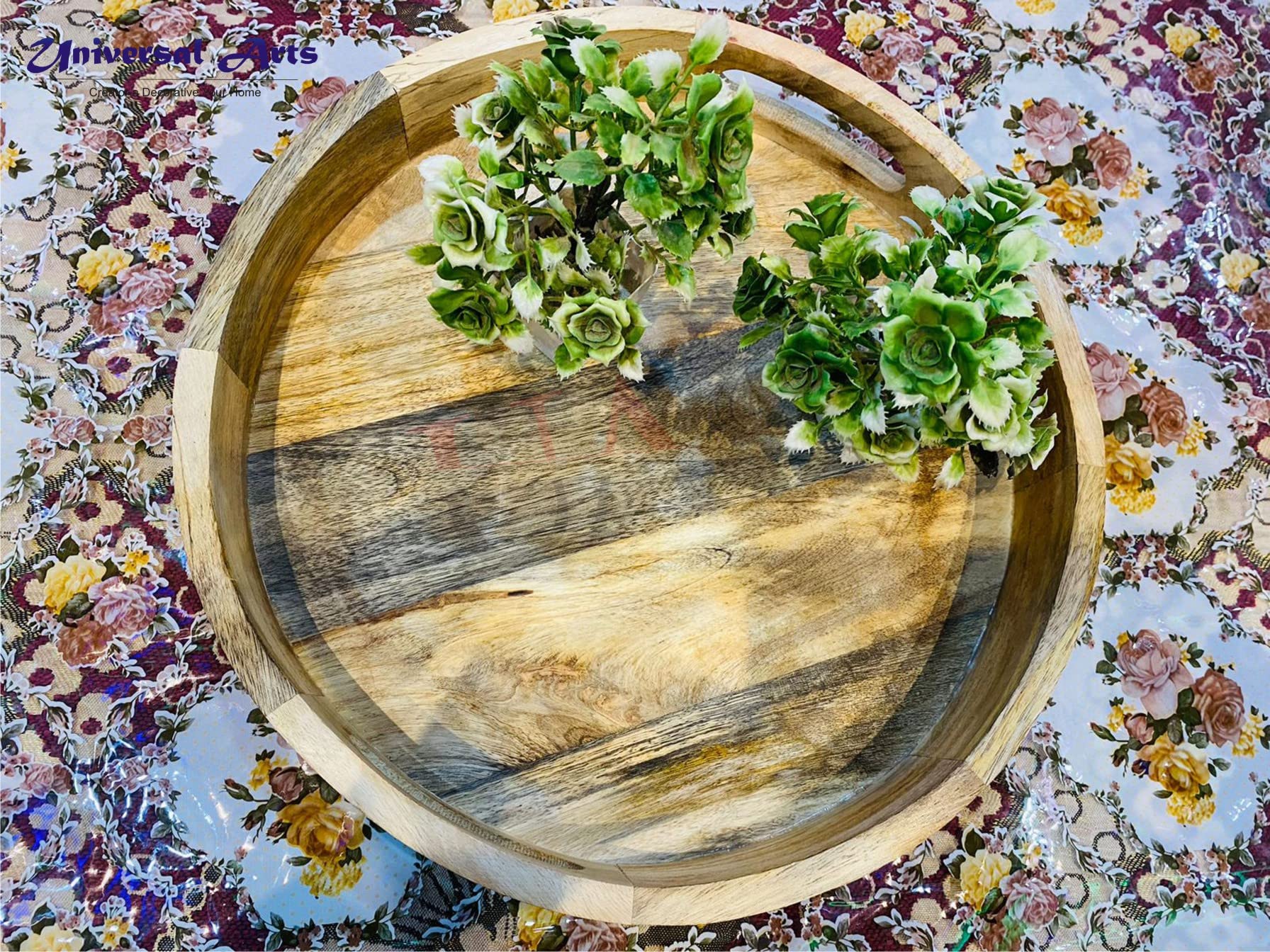 Hamdan Collection Solid Wood Round Tray Handles, Tea & Coffee Table Decorative Serving Tray Food Storage Platters for Serving Beverages & Food For Living Room Home Dining Table(Natural Finish) 2