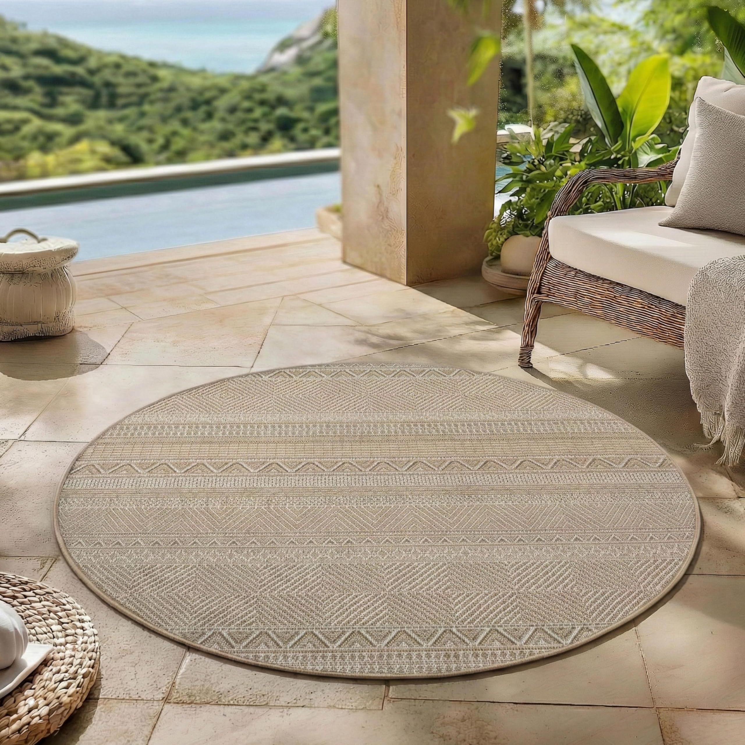 Carpettex Dywan zewnętrzny okrągły 200 cm bezowy, Odporny na Warunki Pogodowe i Promieniowanie UV, Dywan Ogród Taras Salon Jadalnia Wnêtrze Zewnêtrze, Styl Skandi Boho łatwy