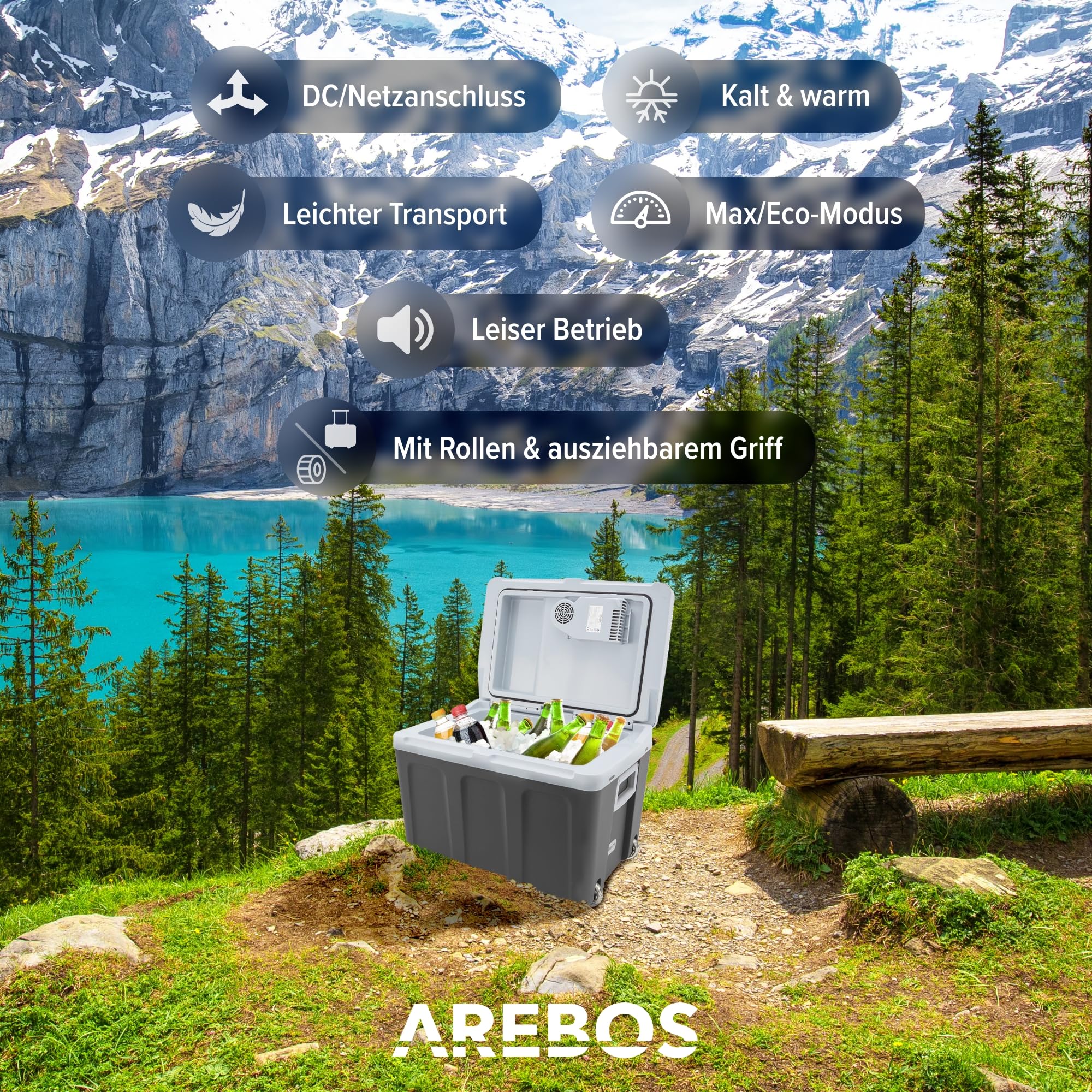 Arebos 40 Liter Kühlbox elektrisch 12/230V ECO Modus Kühlen Warmhalten Mini Kühlschrank