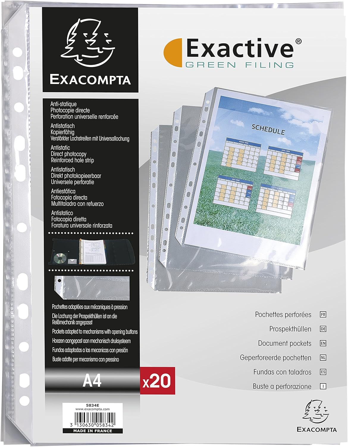 Exacompta - Ref 5111E - PP Punched Pockets (Pack of 100) - Suitable for A4 Documents, 0.04mm Grained Effect Polypropylene, Pre-Punched Spine for Use in Folders - Clear