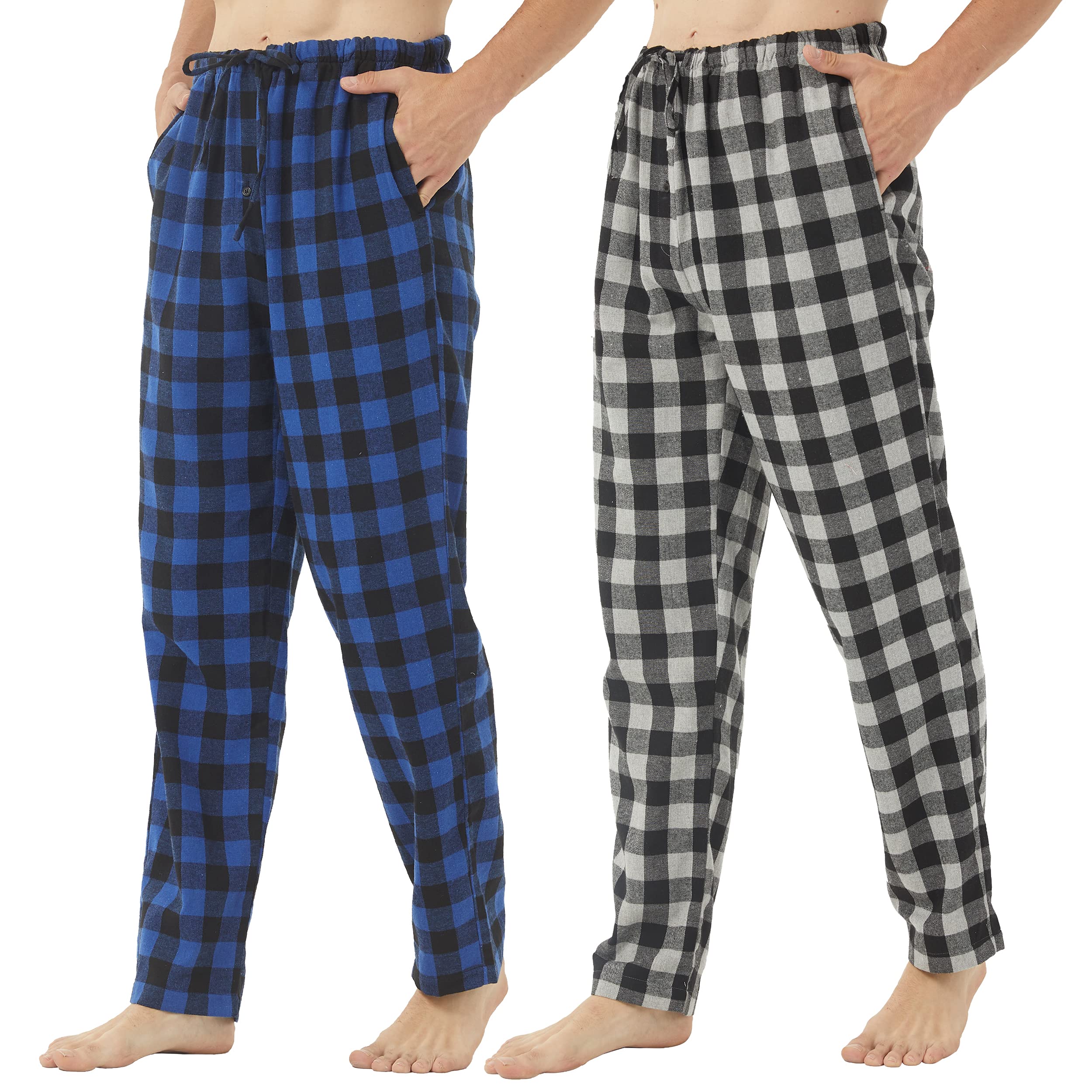 YUSHOW 2 Pack Mens Flannel Pyjama Bottoms Cotton Checked Lounge Pants Ultra Soft Pjs Bottoms with Fly Opening Loungewear