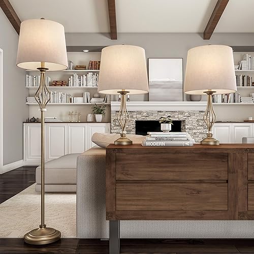 Miniatura 4 de Lavish Home Juego de 3 lámparas de mesa y pie a juego de iluminación curvada de acero calado para sala de estar, dormitorio, oficina, LED de bajo