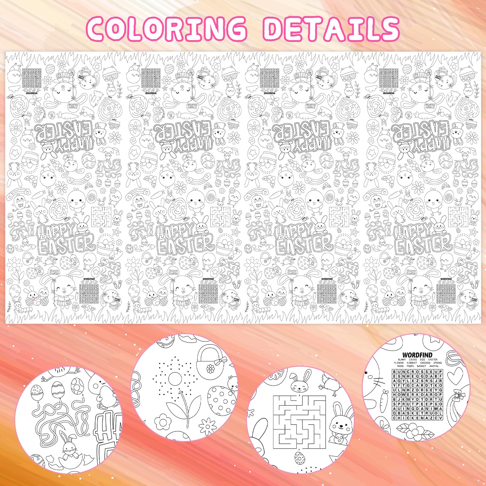 WorldBazaar Easter Coloring Tablecloth for Kids 88 x 54 Craft Easter Activities Paper Banner Bunny Table Cover Disposable Spring Party Decorations