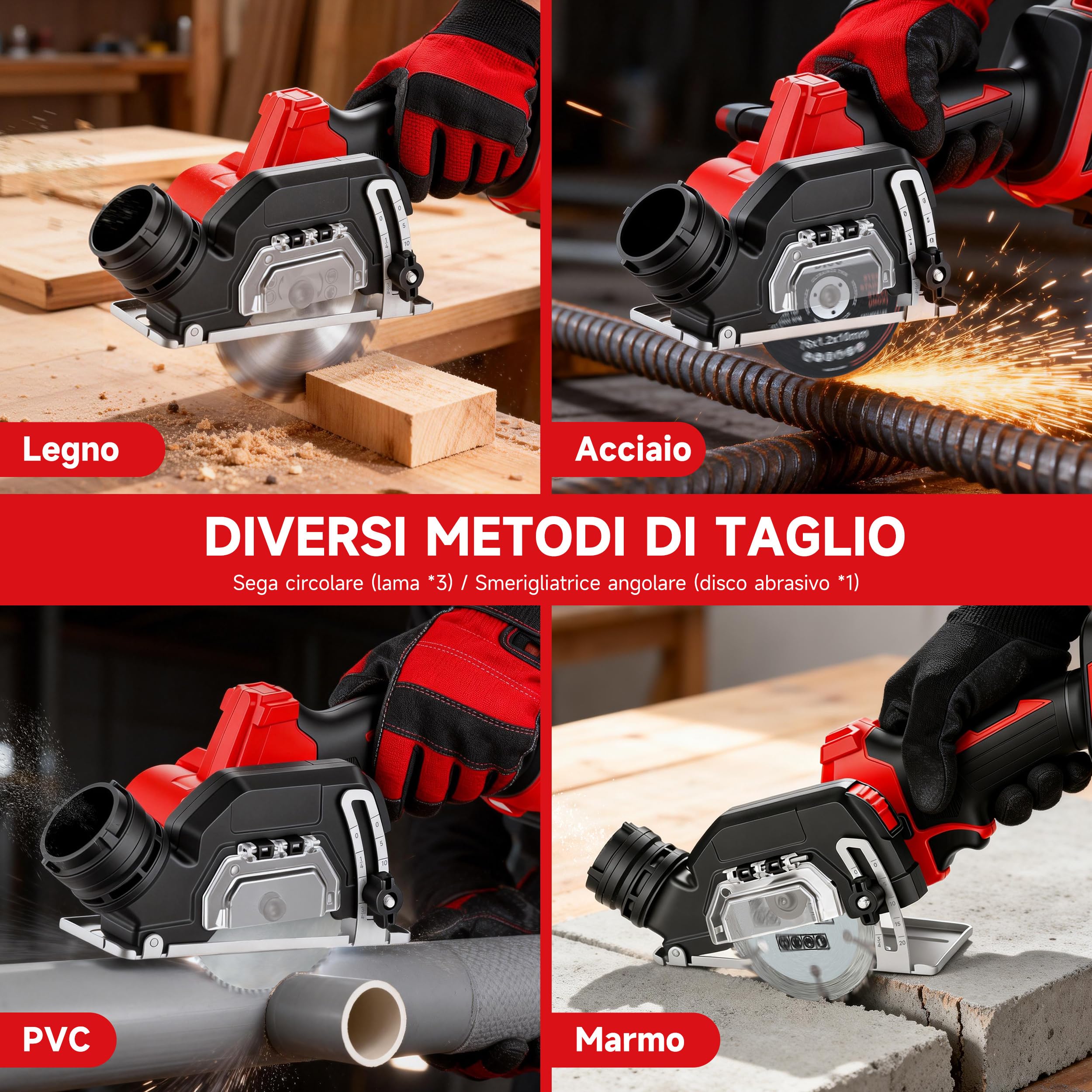 TEENO Mini Sega Circolare, Seghe Circolare per Legno, 2 Batterie 4,0Ah, 20000 RPM, Angolo di Taglio Regolabile, 4 Lame, Guida Parallela, Motore in Rame Puro, Adatta per Metallo, Legno e Piastrelle