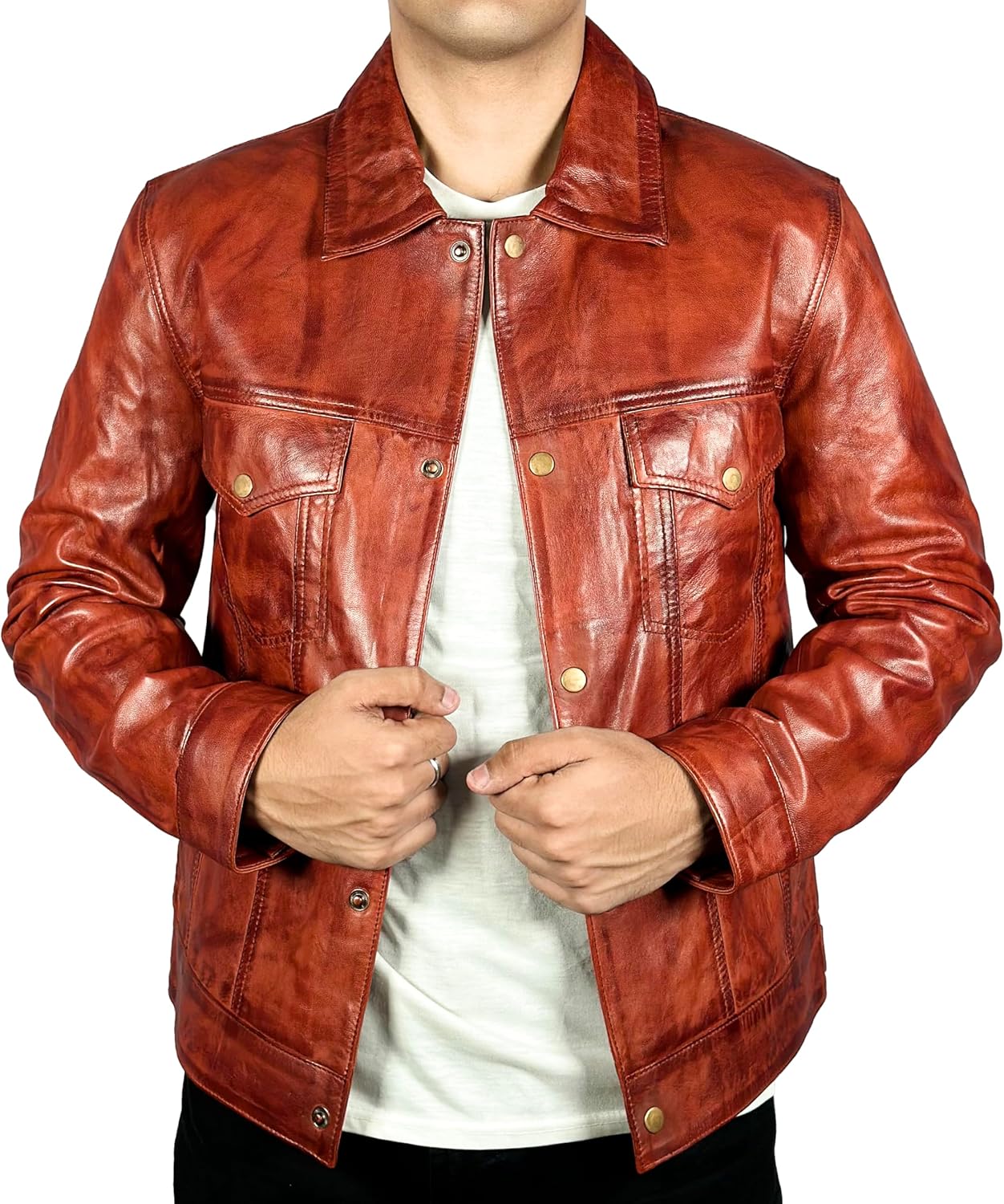 Men's New Black/Brown Lambskin Leather Classic Open Bottom Jacket Motorcycle Vintage Racing Jacket