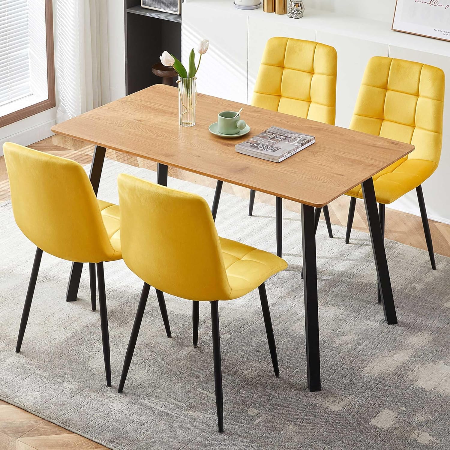 Modern Gray Faux Wood Round Table with Yellow Velvet Chairs