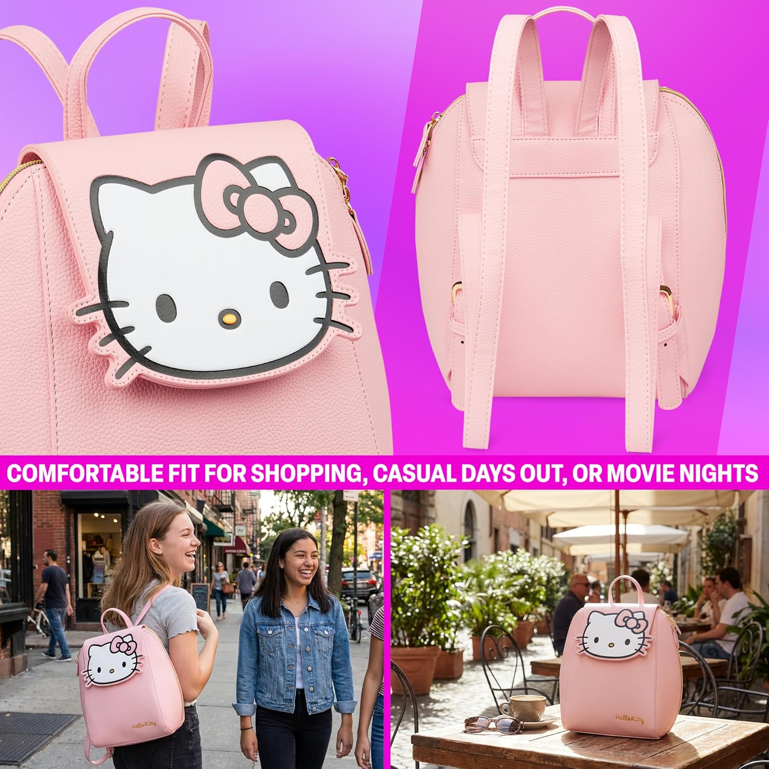 Get Trend Hello Kitty Sanrio Backpack for Women, Teens, Mini PU Leather Daypack with Adjustable Straps, Kawaii Travel Bag for School, Work, Gifts for Women (Pink Hello Kitty) - Image 4