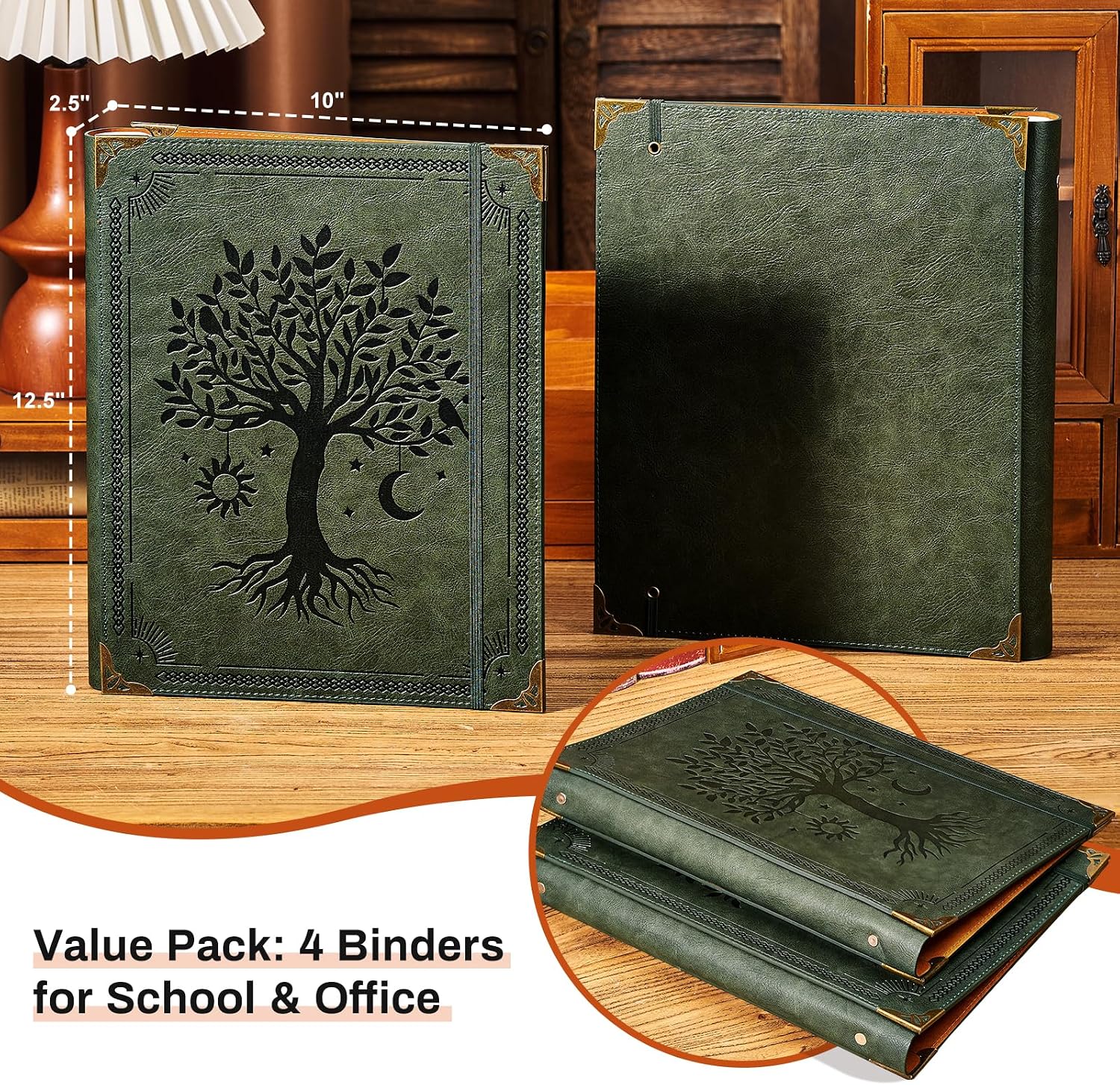 OVESMUSL 4 Pack Leather 3 Ring Binder Fits 8.5"x11" Letter Size Paper, 1.5 Inch Round Ring Binder Holds 350 Sheets, Notepad Paper Cover Loose Leaf Organizer, Green Tree