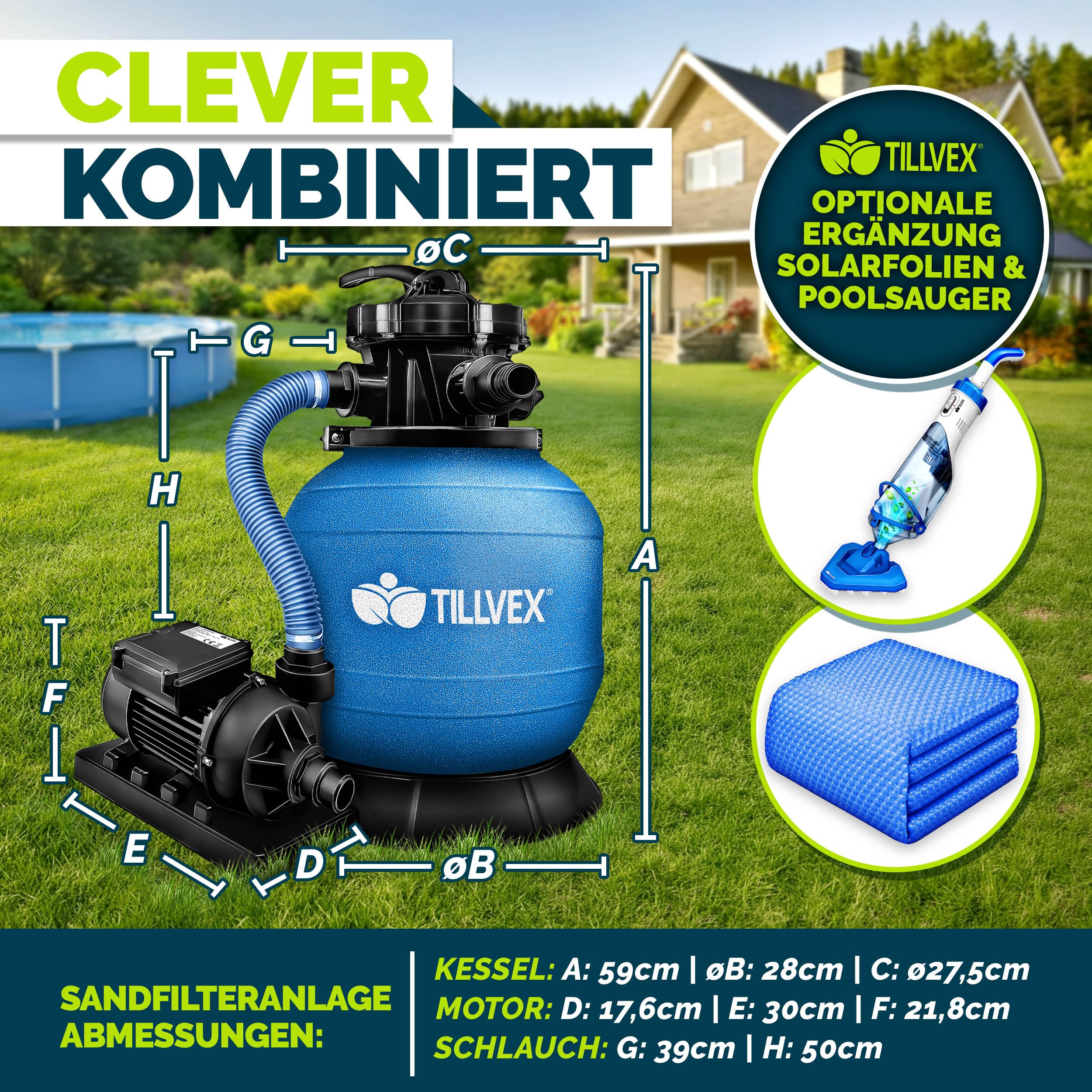 tillvex® Sandfilteranlage Pool 7.900L/h inkl. 400g Filterbälle | Filteranlage 7-Wege Ventil & 2in1 Adapter Ø32mm - 38mm | Poolfilter mit Druckanzeige | Sandfilter für Schwimmbecken (Blau)