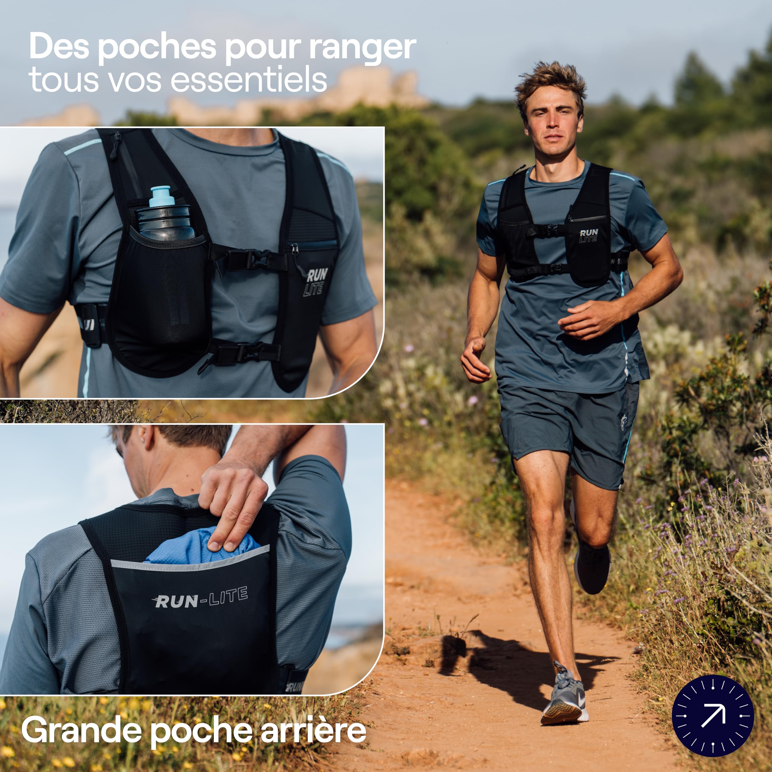 Gilet Running Léger avec Poche Téléphone Étanche – Sac Running Réglable avec Porte-Bouteille, 5 Poches, Réfléchissant – Gilet Trail Unisexe XS/S (61–81 cm)
