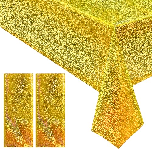 2 manteles holográficos dorados de 40 x 108 pulgadas, manteles brillantes con láser, cubierta de mesa de plástico con purpurina para Navidad, boda,