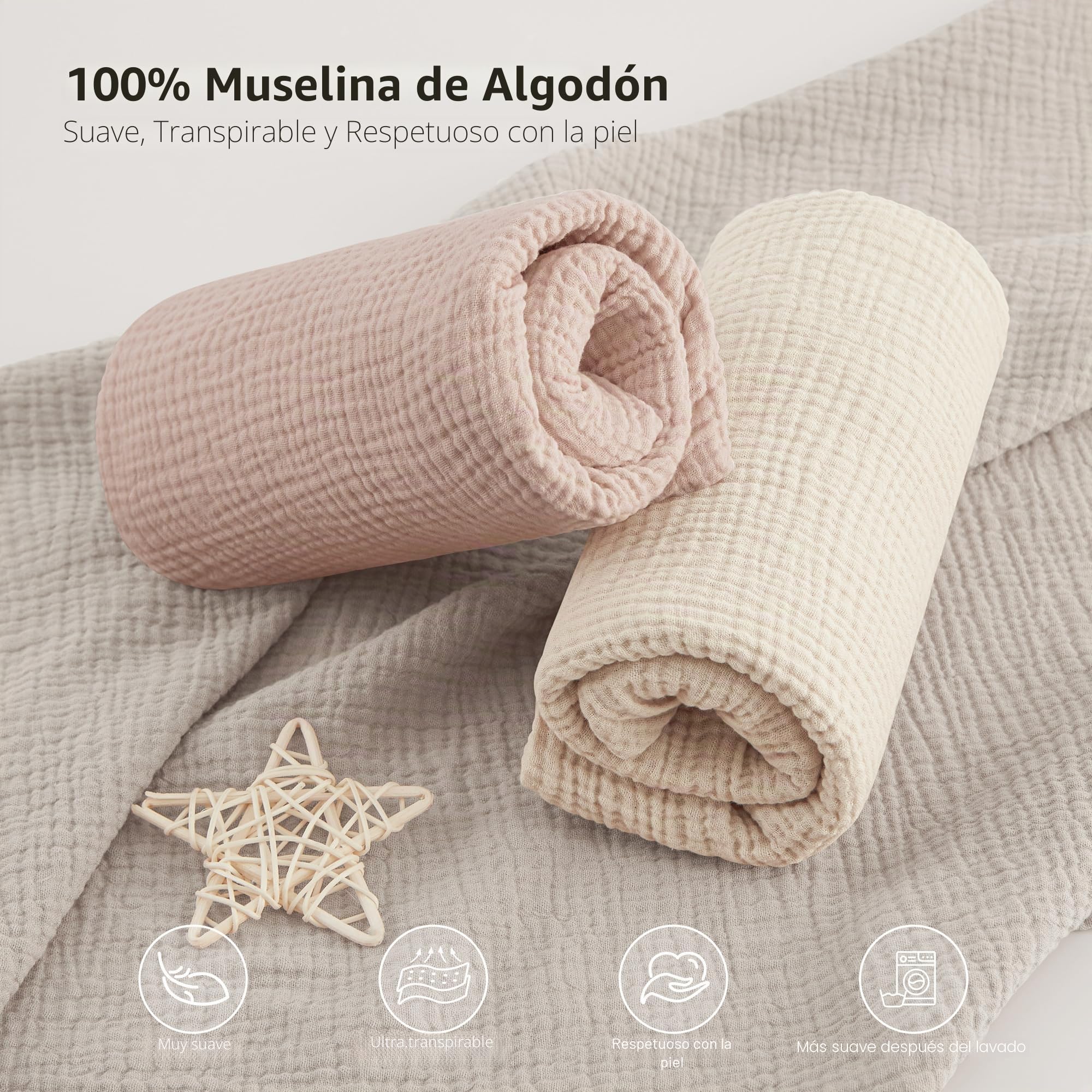 Bearmoss Sábana de Muselina, 100% Algodón, para Colchón Estándar de Cuna y Colchón de Cama Infantil, 60 x 120 cm/70 x 140 cm,Sabana Bajera Cuna Ajustables para Cama Auxiliar (Beige, 70x140)