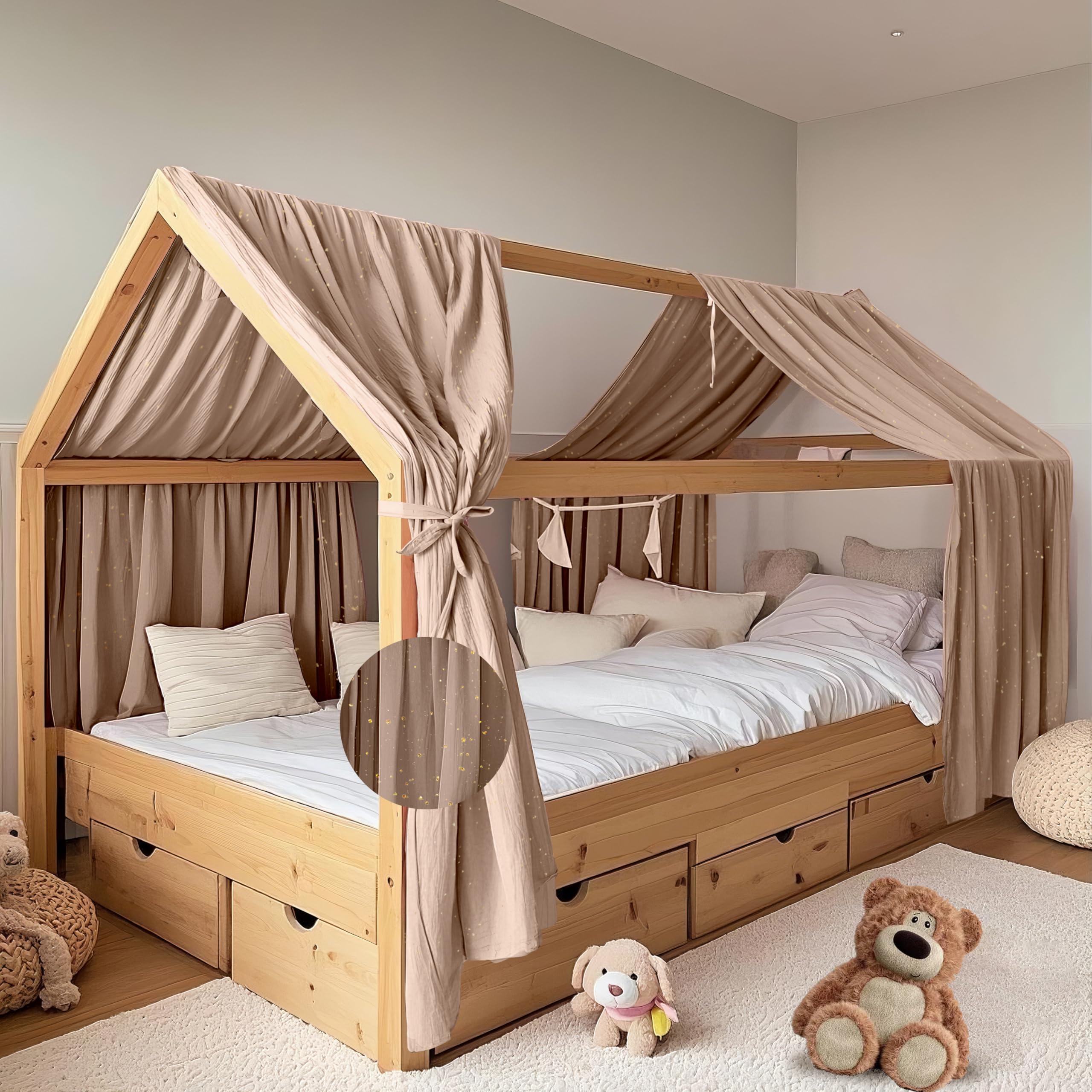 Hausbett Himmel mit Gold Applikation 2 Stück, handgefertigt aus 100% Baumwoll-Musselin, Stoffhimmel zur Hausbettdekoration, für Mädchen und Jungen (Dunkelbeige, 2er Set 65 x 270 cm)