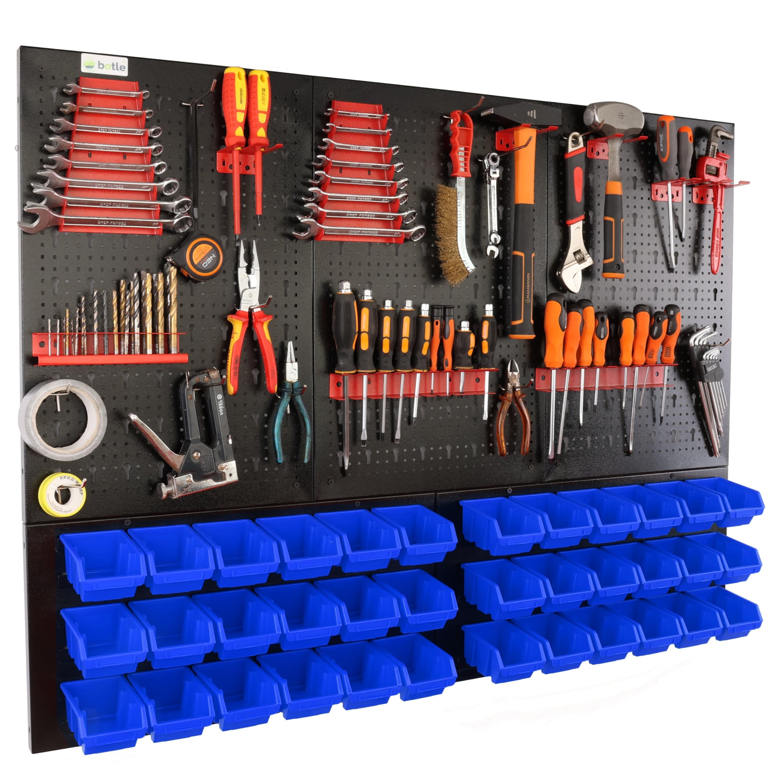 botle® Werkzeugwand Lochwand aus Metall, Stapelboxen + Wandregal + Werkzeughalter 63-tlg Set, Kleinteilelager, Wandwerkstatt mit 36 stapelbaren Blau Behältern, Hängeregal Sortierregal