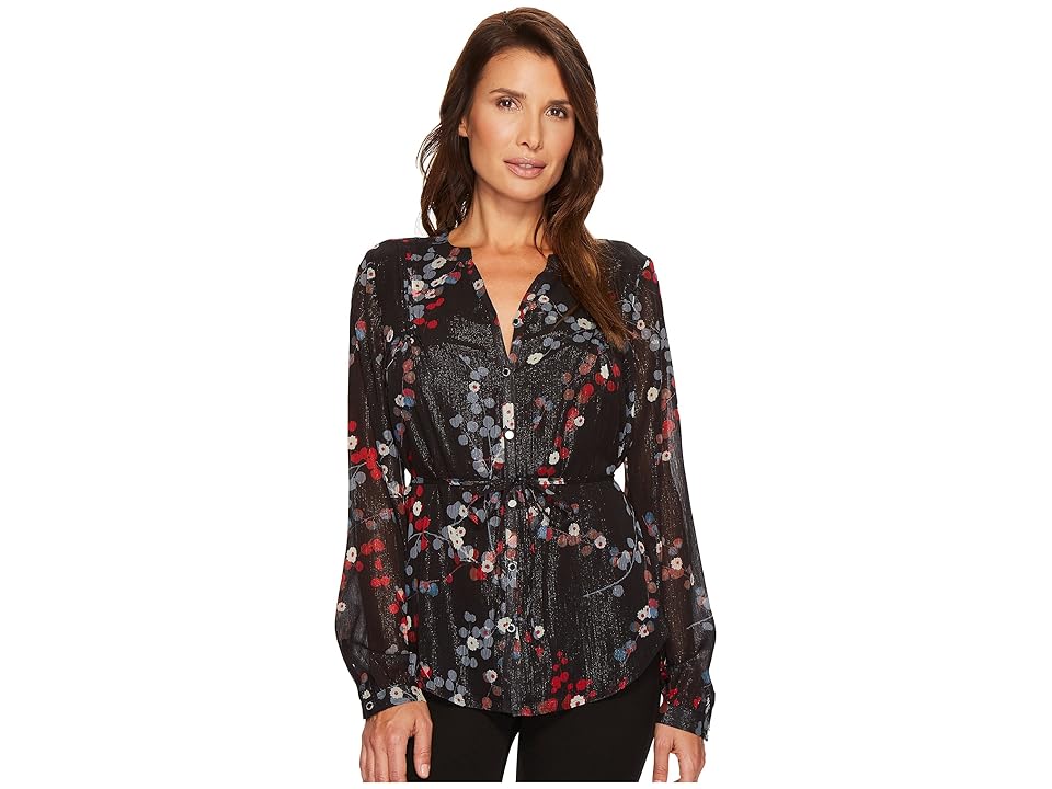

Ivanka Trump Floral Printed Metallic Button Blouse (Black Multi) Women's Blouse