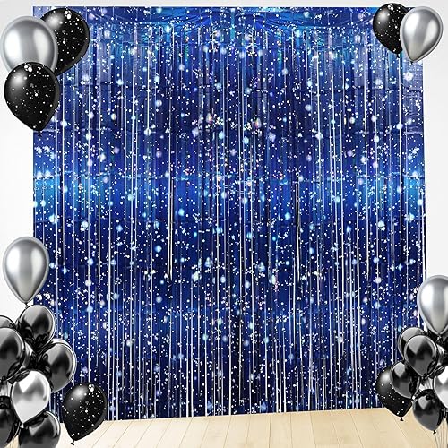 Paquete de 2 cortinas de papel de aluminio espacial con temática de galaxia, cortinas de oropel metálico con flecos, accesorios para fotos impresas