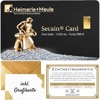 Gold Gift - Gold Bar 0.15g Heimerle+Meule - Secain Card - Includes Gift Box Greeting Card and Guarantee of Authenticity