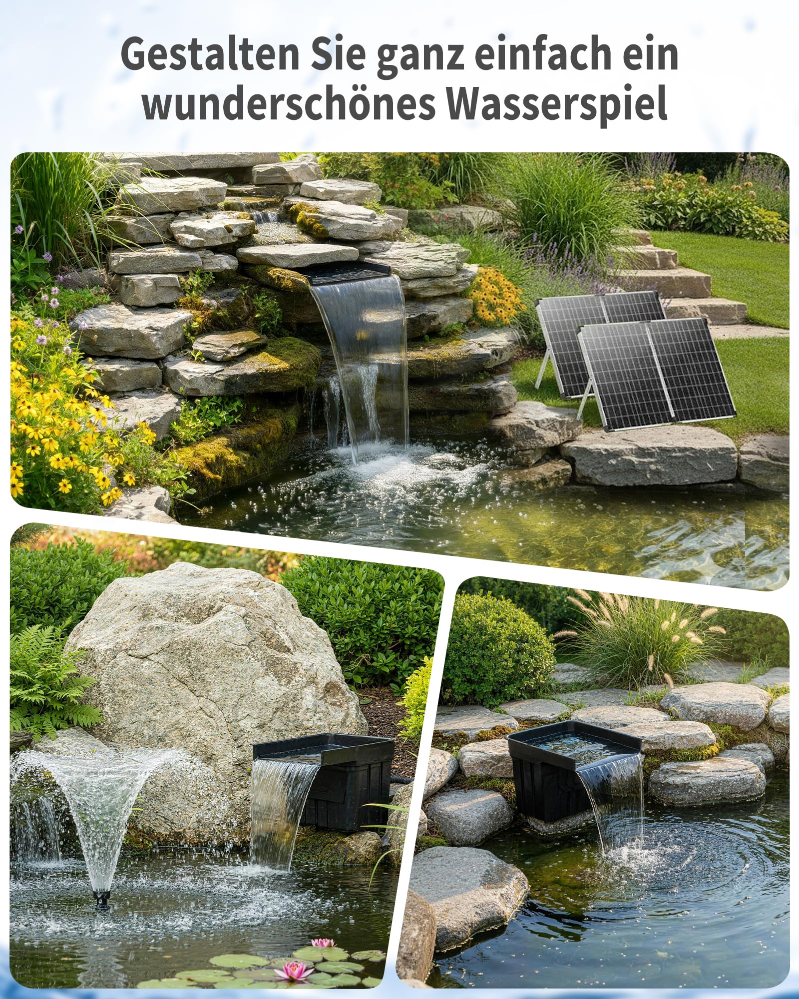 POPOSOAP Cascada Solar para Estanque con Panel Solar de 100W y Bomba de 4500 L/h, Tubo Corrugado de 3m, Material Filtrante, Cascada para Estanque de Jardín Exterior, Arroyos