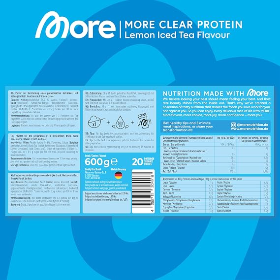 More Clear Protein Whey Isolate Powder, Lemon Iced Tea, 600 g, 1.32 lbs, 20 Servings, Protein Drink with whey Isolate, Clear whey, Lactose Free, Made in Germany