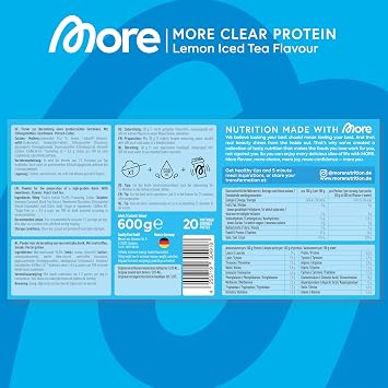 More Clear Protein Whey Isolate Powder, Lemon Iced Tea, 600 g, 1.32 lbs, 20 Servings, Protein Drink with whey Isolate, Clear whey, Lactose Free, Made in Germany