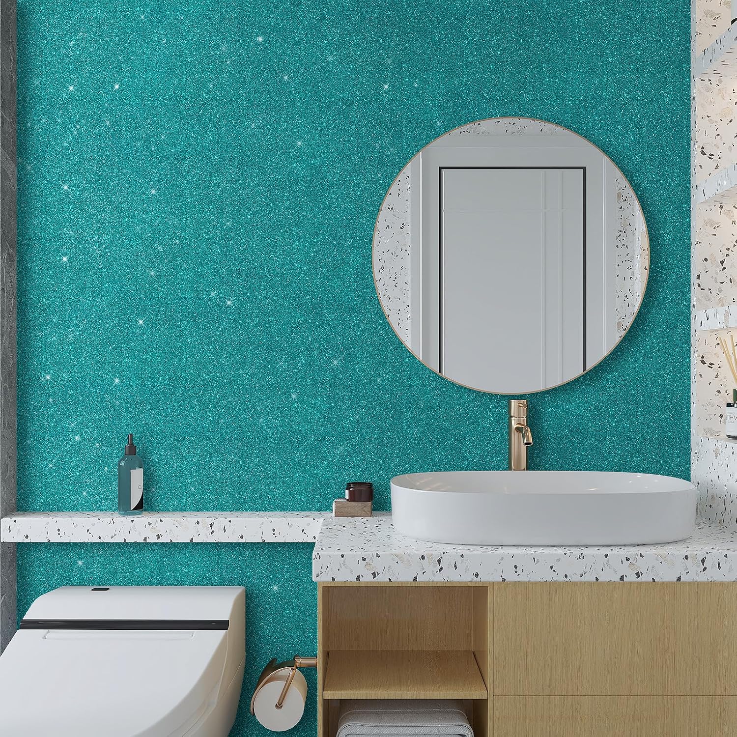 VaryPaper 15.7"x315" Teal Glitter Peel and Stick Wallpaper Decorative Sparkle Teal Contact Paper for Cabinets Walls Self Adhesive Vinyl Wrap Removable Glitter Wall Paper for Bedroom Bathroom Nursery
