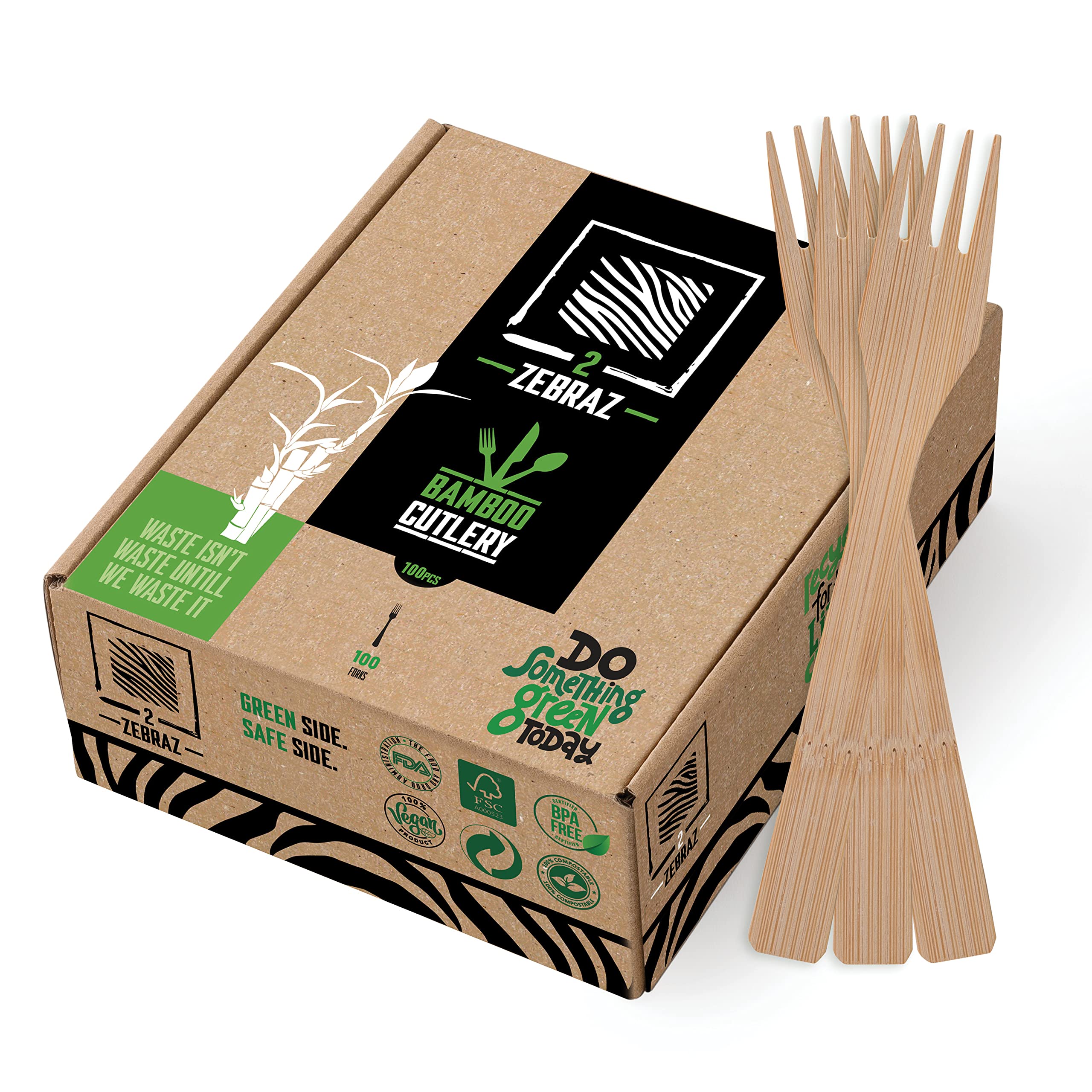 2ZEBRAZ Bamboo Cutlery Set – 100 Disposable Forks | Reusable Smooth Flatware, Heavy-Duty Natural Utensils for Dining and Entertaining