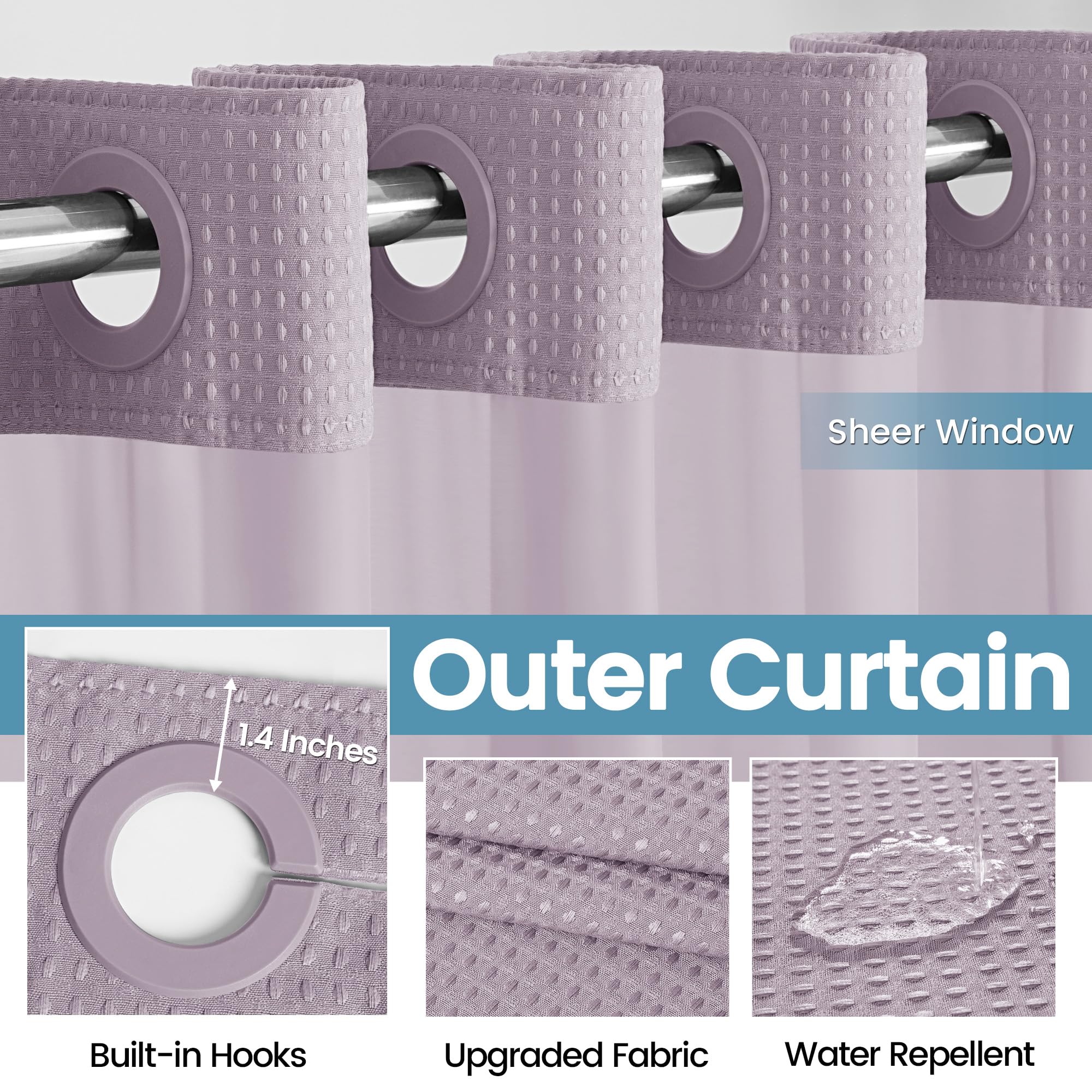 EUTXL Rideau de Douche sans Crochet avec Doublure à Clipser – 230 g/m² – Rideau de Douche à Tissage gaufré pour Salle de Bain – 180 x 188 cm (l x H)