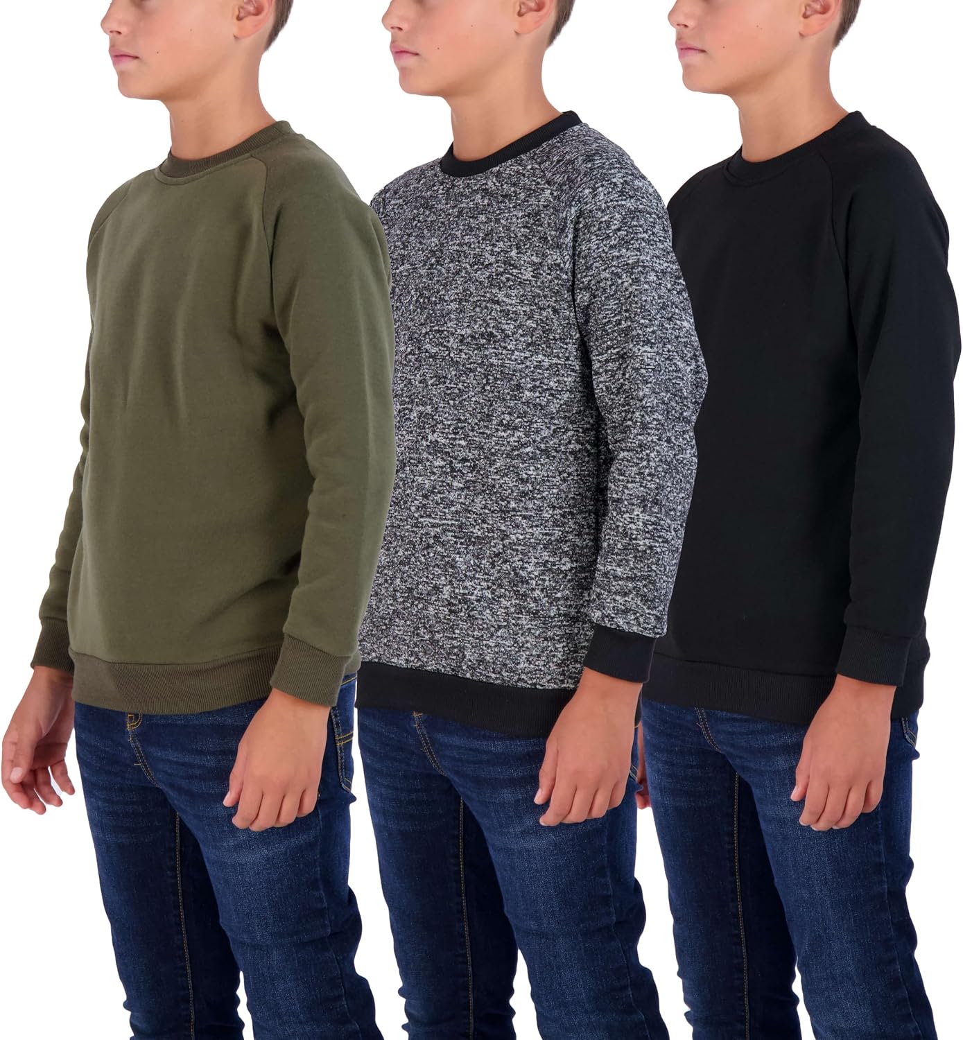 Real Essentials 3 Pack Boys' Fleece Crew Neck Long Sleeve Sweatshirt - Soft Pullover Sweaters for Youth Kids Boys & Girls