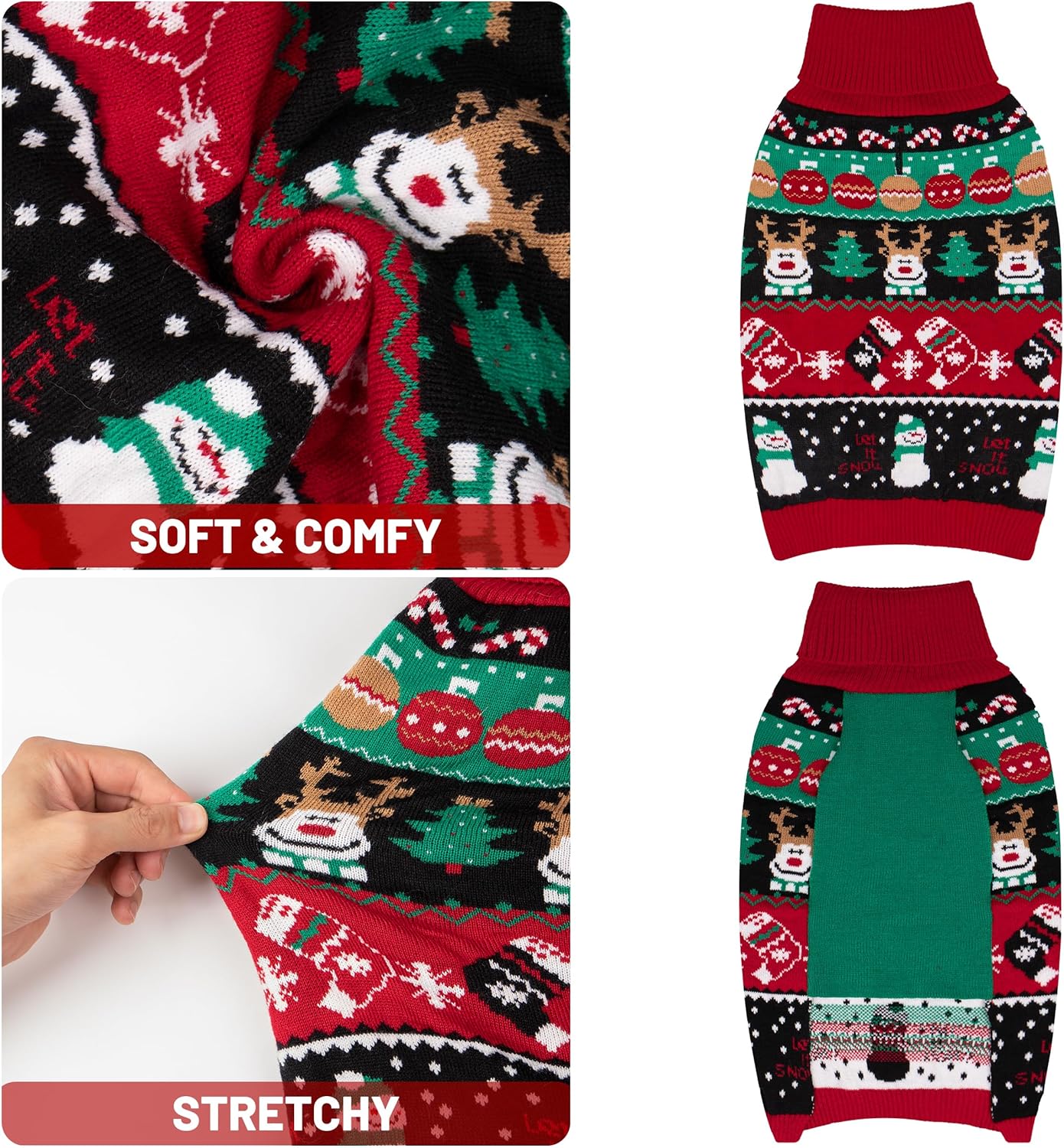 cyeollo Dog Christmas Sweater, Xmas Dogs Outfits Turtleneck Knitted Doggy Sweaters with Leash Hole Soft Dog Clothes for Medium to Large Dogs Girl & Boy, 2XL