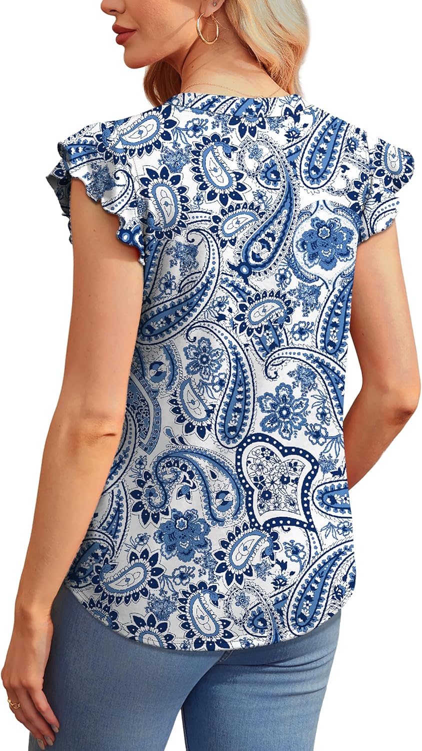 OFEEFAN Summer Tops for Women Button Down Blouses for Women Dressy Casual V Neck T Shirts Ruffle Sleeve - Image 4