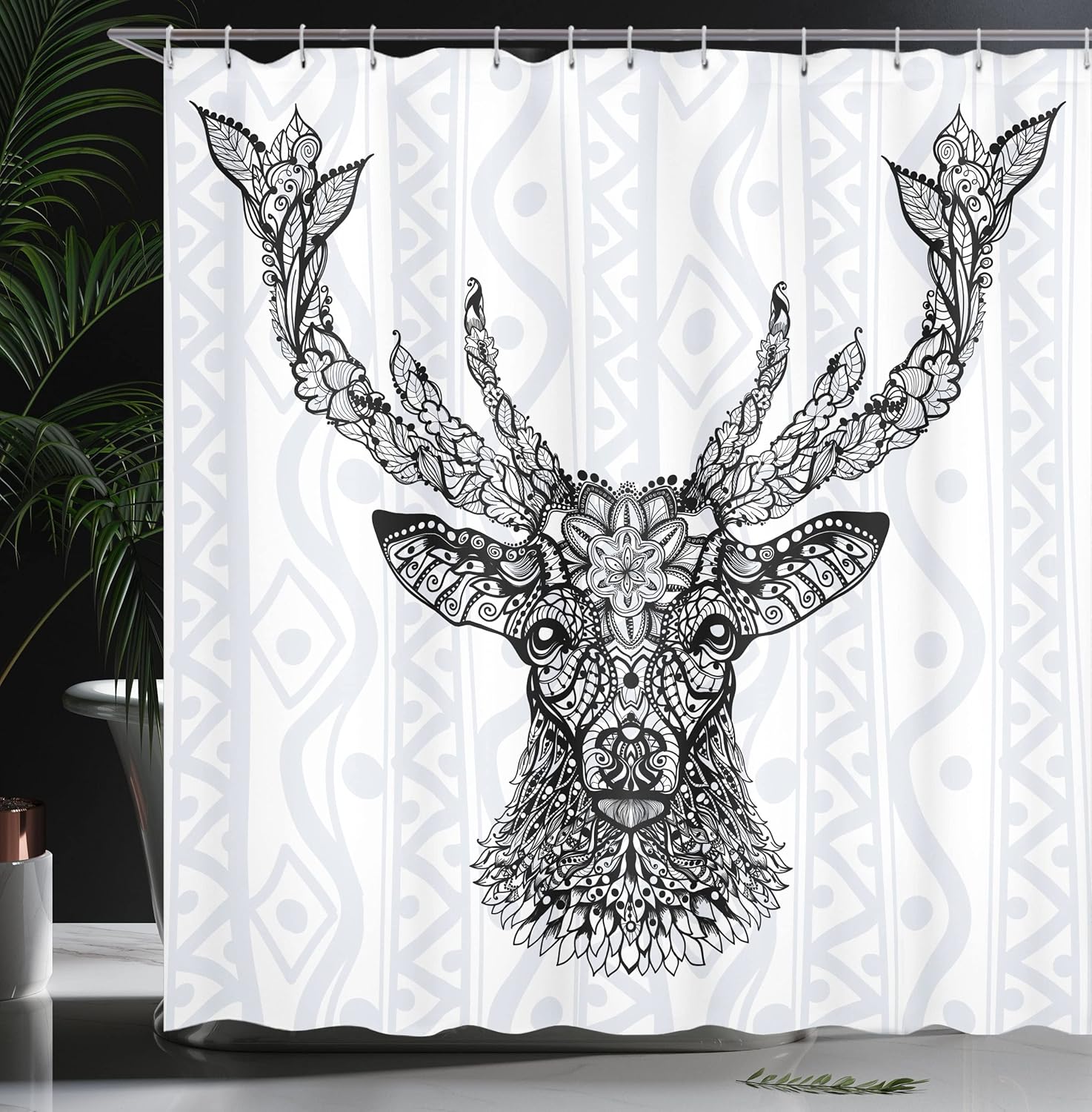 Ambesonne Deer Shower Curtain, Aboriginal Floral Polynesian Deer Pattern Mammal Boho Design, Cloth Fabric Bathroom Decor Set with Hooks, 69" W x 70" L, Black White