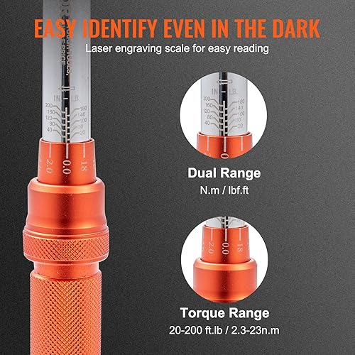 Miniatura 3 de VEVOR Llave dinamométrica de clic de 14 pulgadas, 20-200in.lb3-23n.m básculas mecánicas de doble rango, doble dirección ajustable con adaptadores de