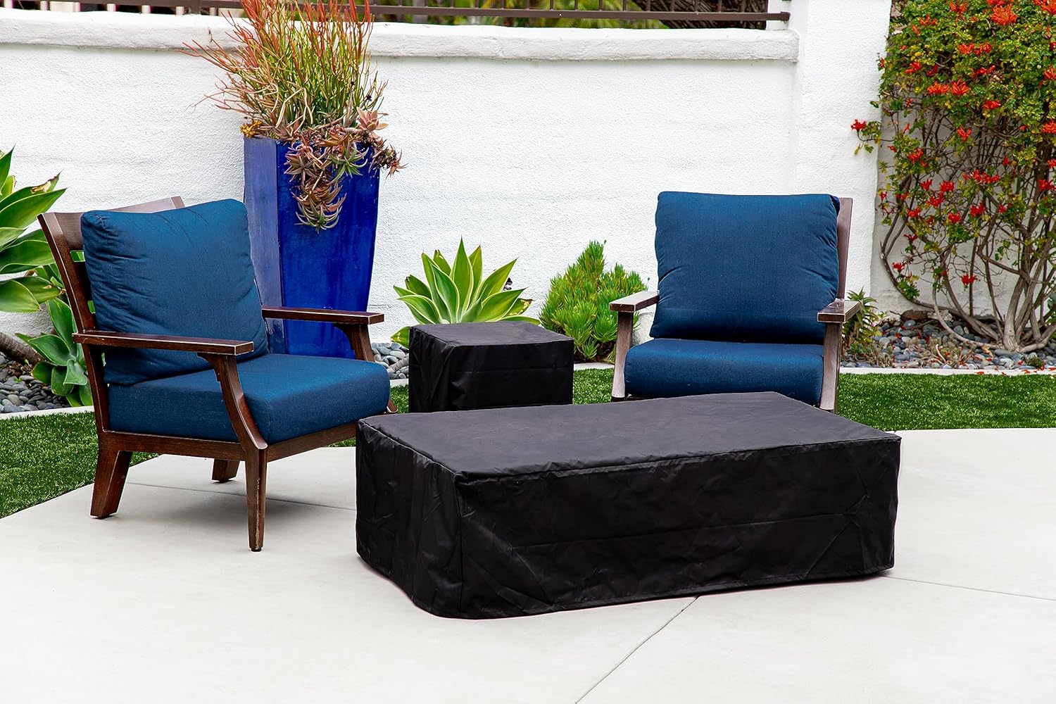 AMS Creations | Chelsea 55 inches Rectangular Natural Gas Outdoor Fire Pit Table | Concrete GFRC Fire Pit Table | with SS Burner, Canvas Cover, SS Lid, Lava Rock, and Wind Guard Included
