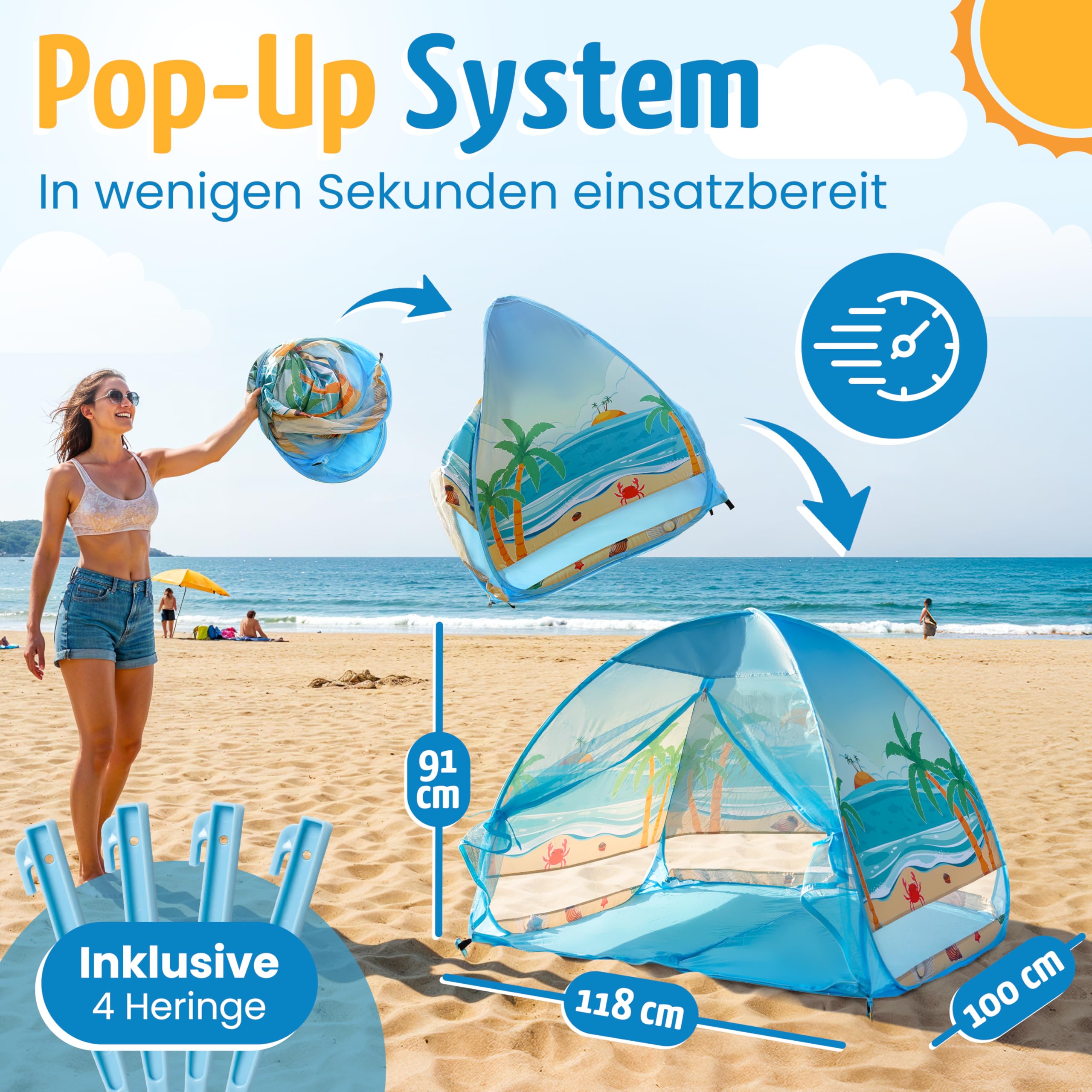 Pop-Up Strandmuschel mit UV Schutz 50+ für Kinder und Babys | Inkl. Tragetasche und Heringe. Strandzelt Strand Windschutz Sonnenschutz klein