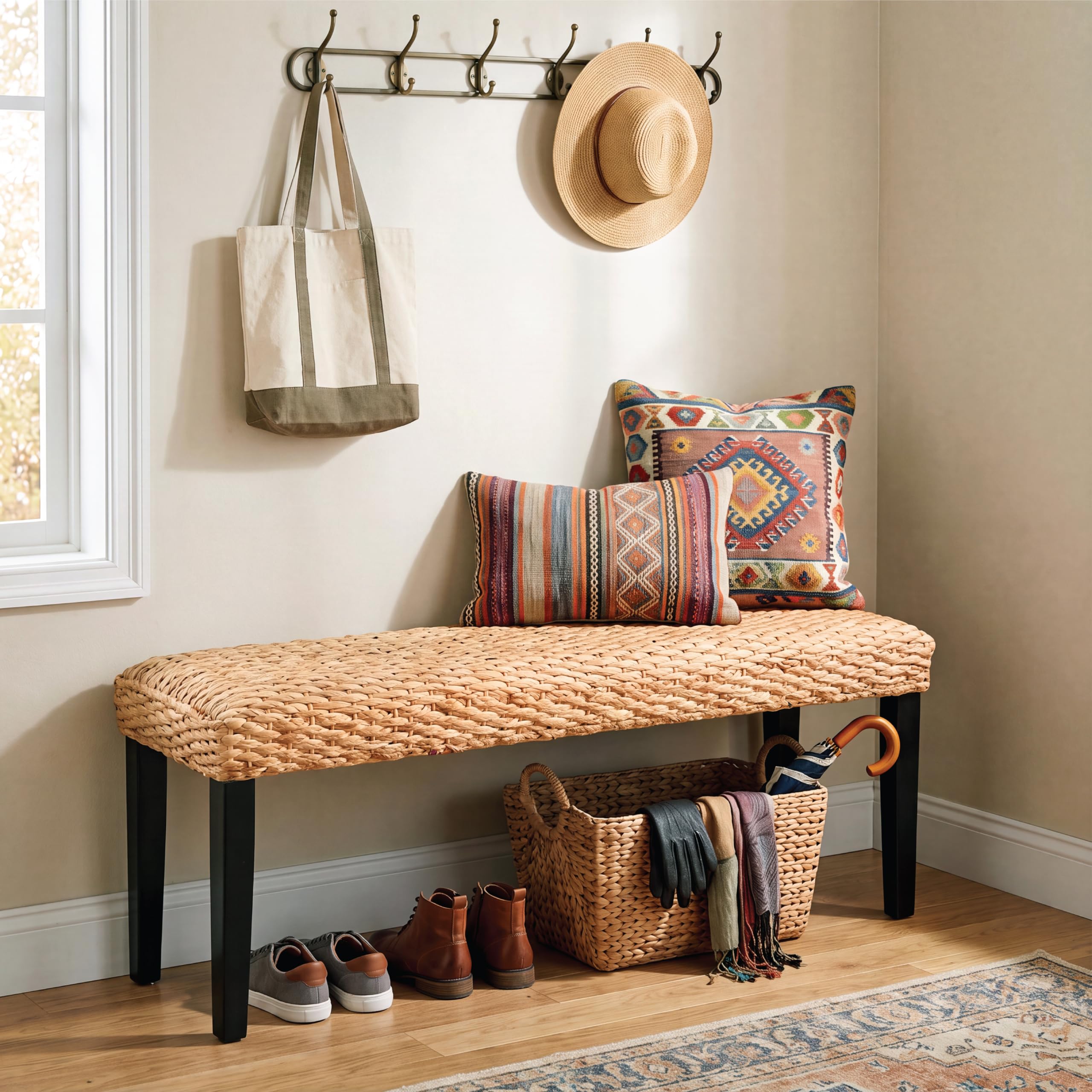 Solid Wood Acacia Indoor Bench, Water Hyacinth Seat, Black Leg, Plait Style
